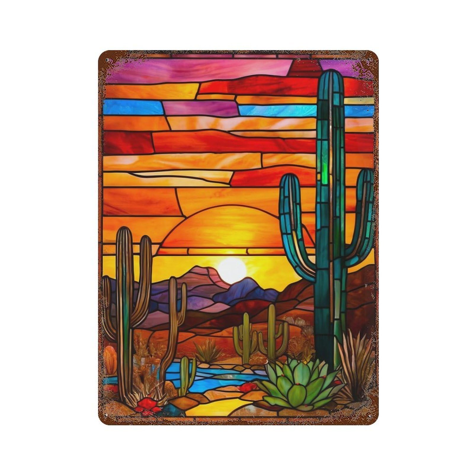 Rust Effect Stained Glass Desert Sunset Distressed Metal Wall Sign 15.7"x11.8", Farmhouse Wall Decor for Office, Studio And Wall Decor