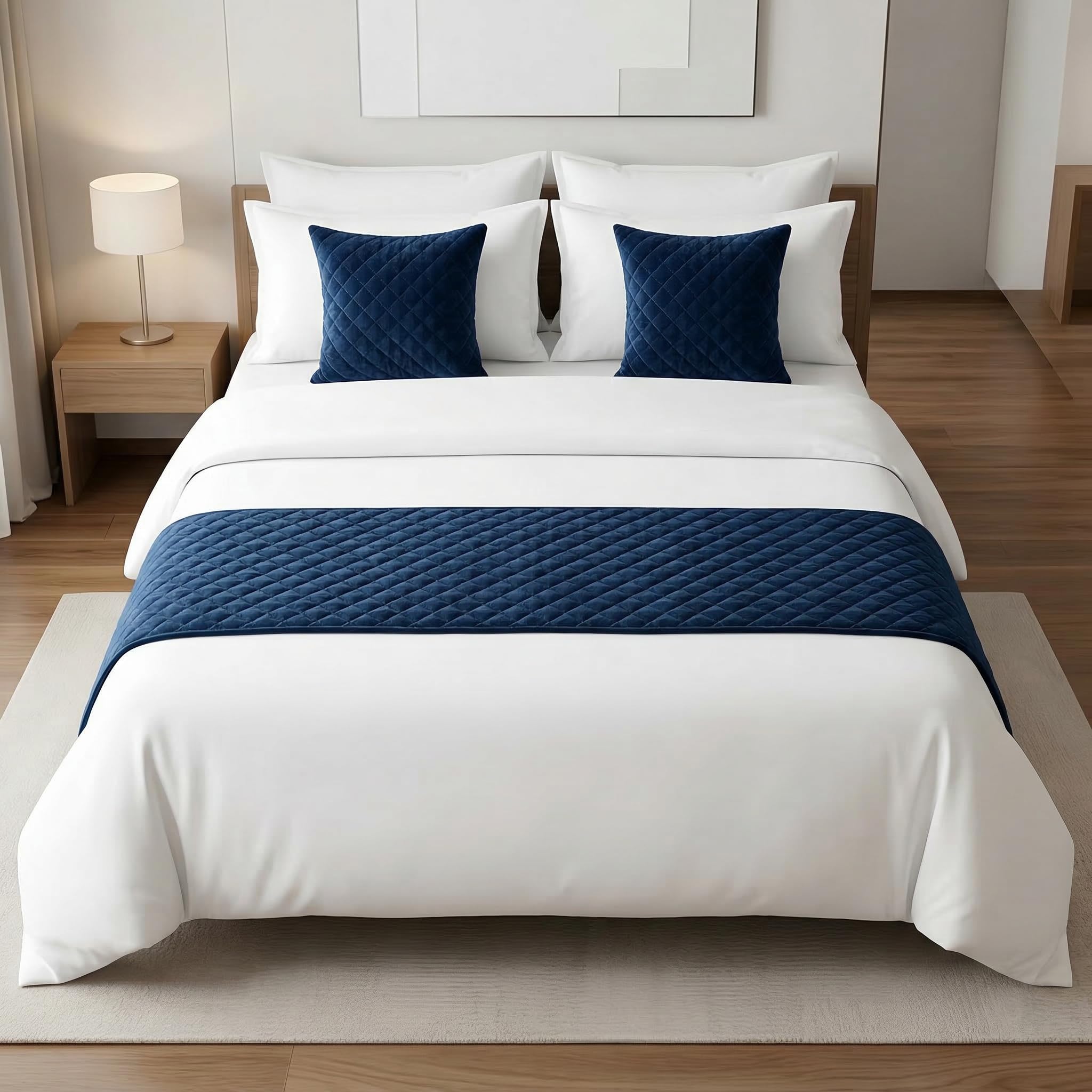 Navy Blue Velvet Quilted Bed Runner with Cushion Covers Set of 3 | Modern Luxury Bed Runner | Hotel Style Bedroom Decor 16x94 Inch-picture-22