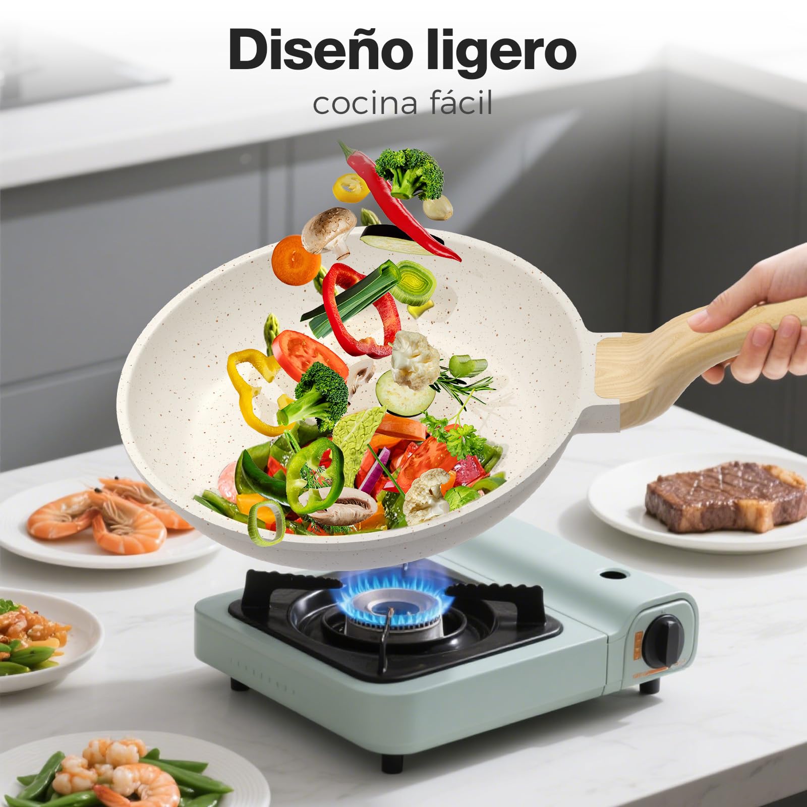 YASHE Set de 3 Sartenes Antiadherentes de 20/24/28 cm con Revestimiento de Granito – Compatibles con Inducción, Ligeras, Duraderas y Saludables para Cocina Diaria