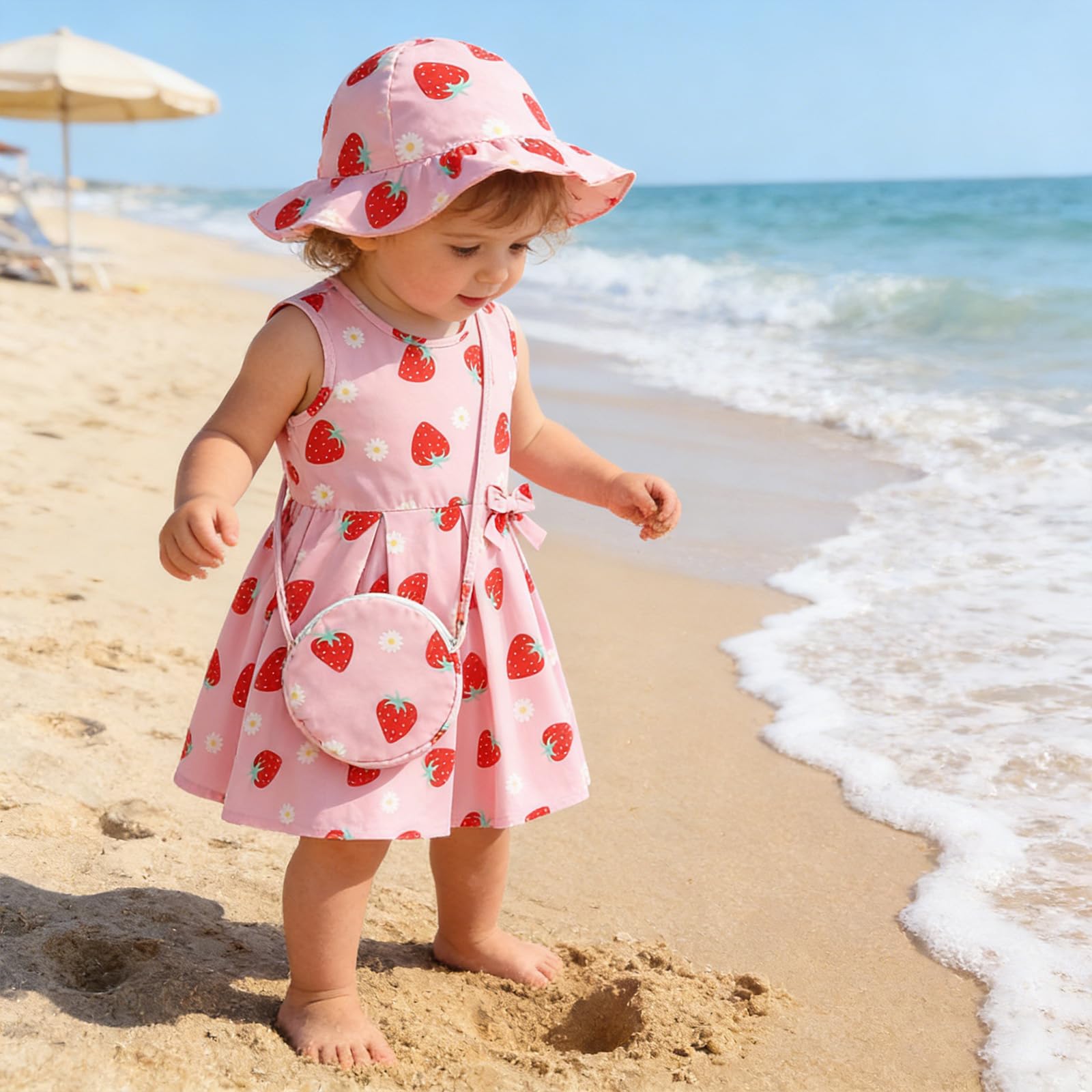 Robe d'été pour Filles en Bas âge avec Chapeau de Soleil et Sac Mignon Tenues décontractées sans Manches avec nœud pour bébé Vêtements de Plage pour bébé