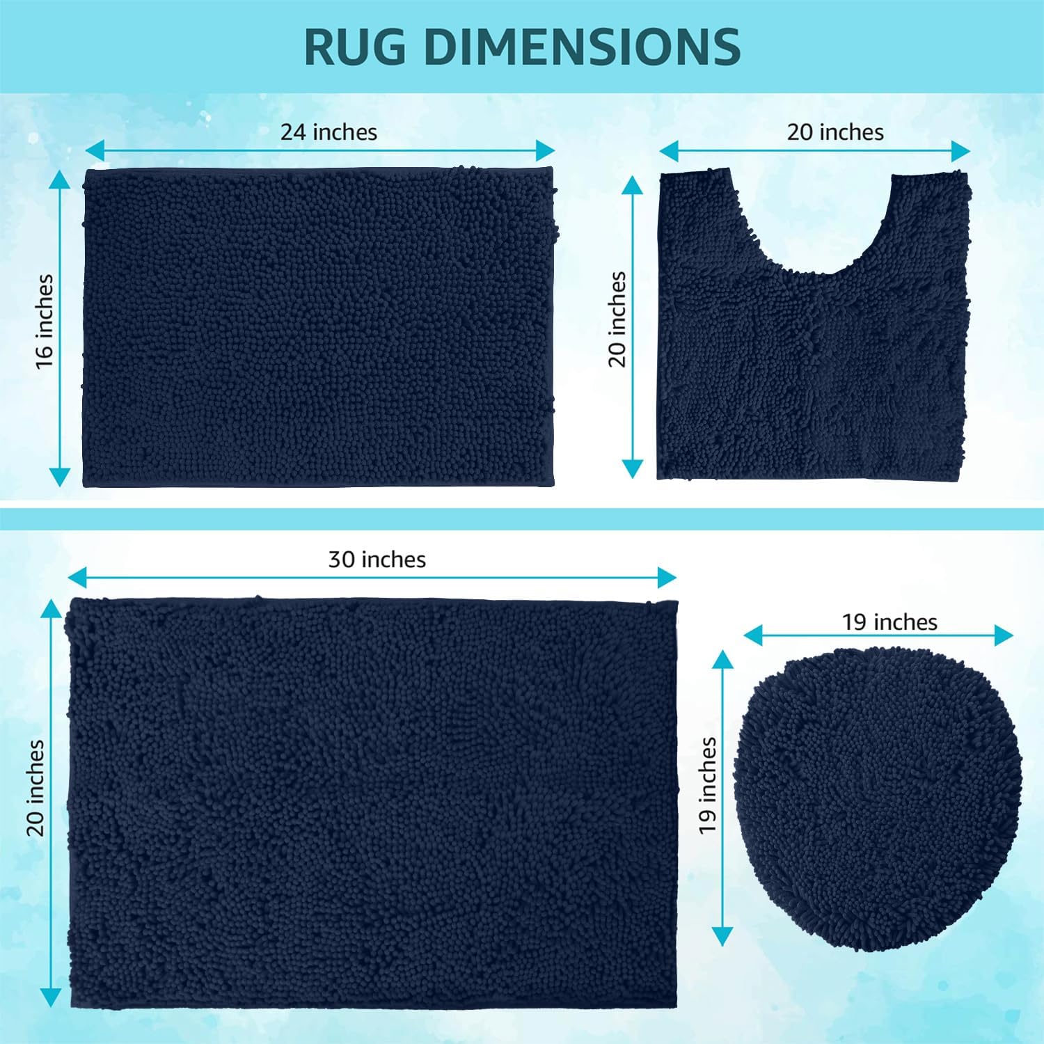 LuxUrux Bathroom Rugs Sets 4 Piece - Non-Slip Shaggy Chenille Mat Set - Includes U-Shaped Contour Toilet Mat, Lid Cover, 20x30'' and 16x24'' Bath Mat - Navy