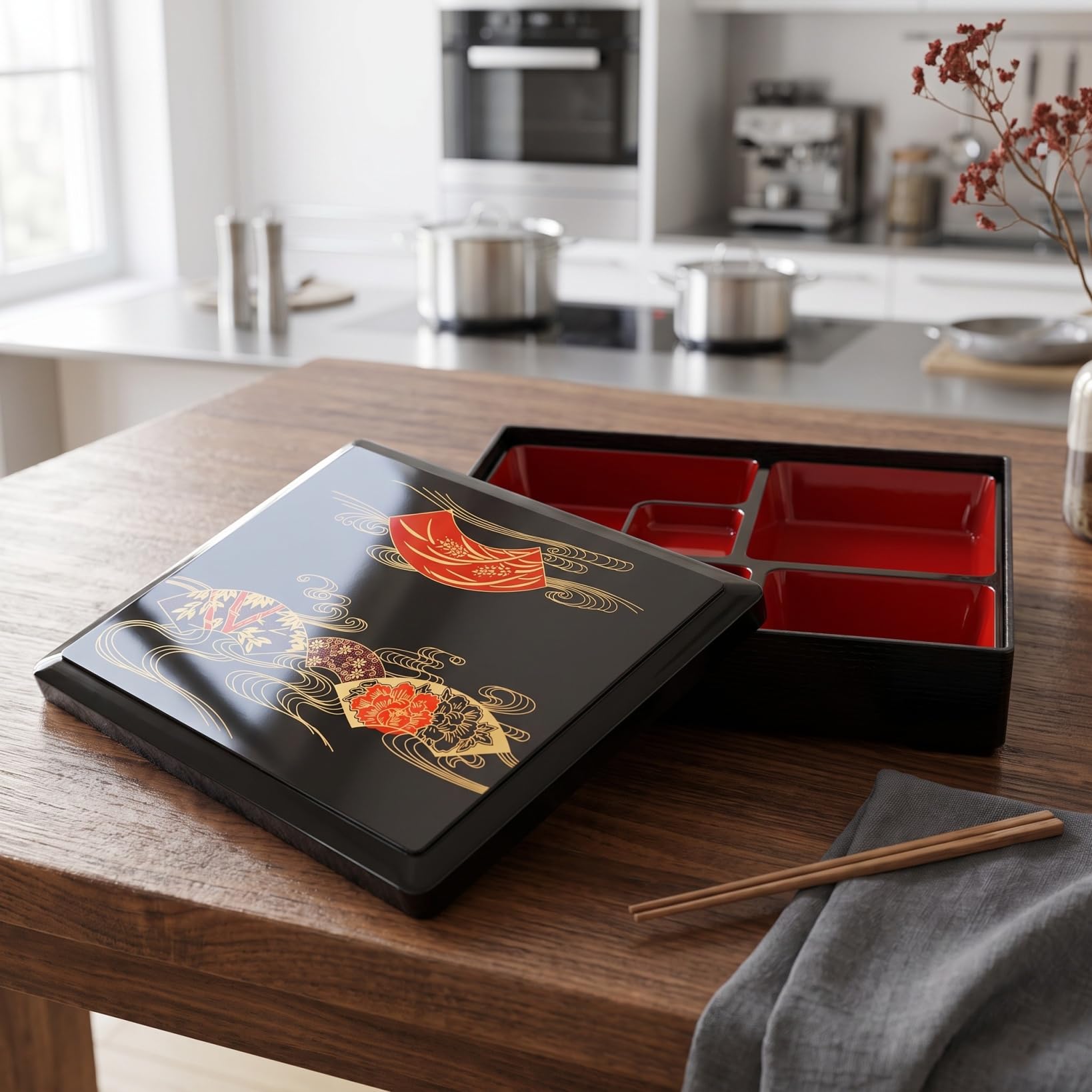 BESTonZON Japanische Bento Box Mittelgroß Mit 5 Fächern Lunchbox Aus Holzmaserung Für Büro Schule Und Reise Traditioneller Sushi Behälter 11.81X9.45X2.56 Zoll