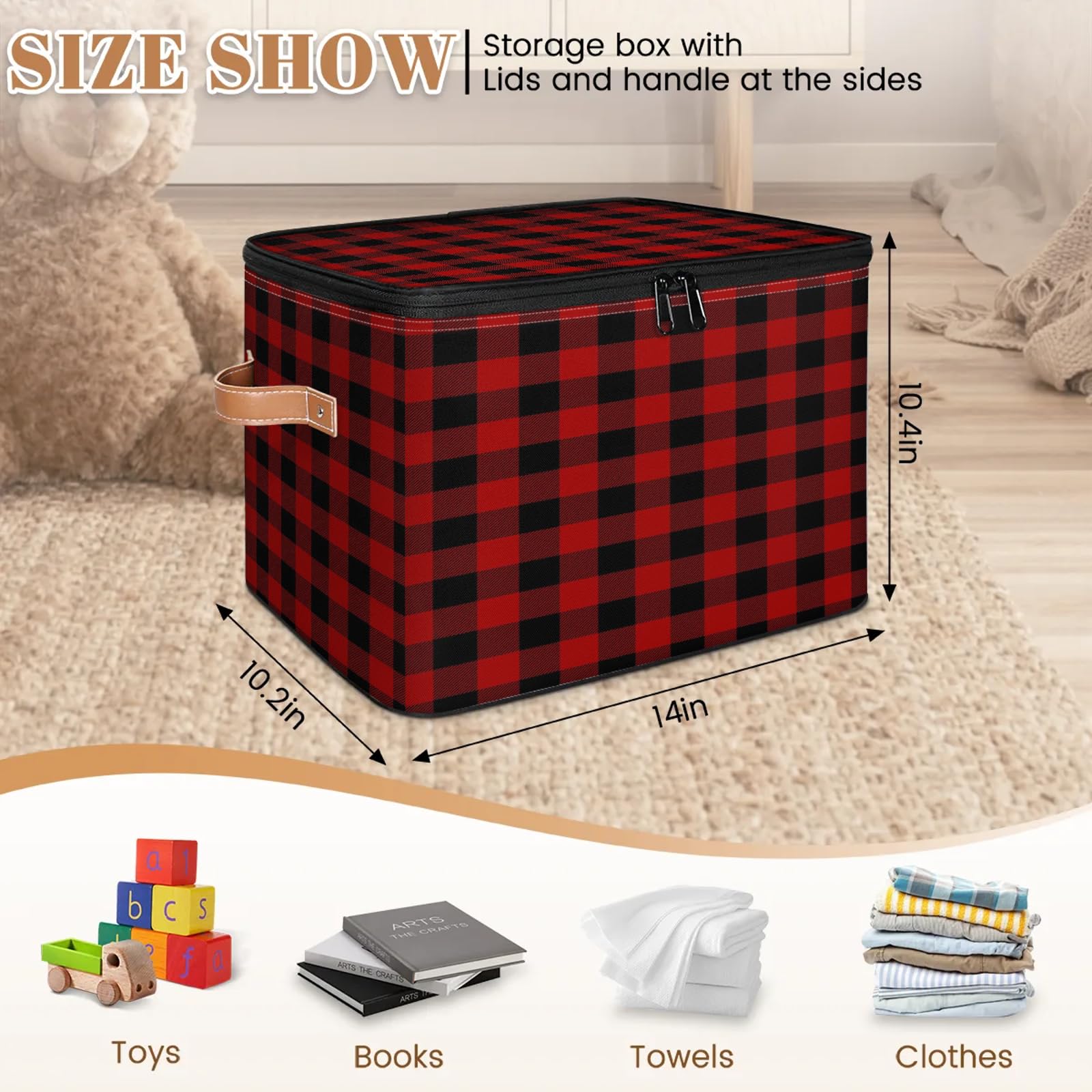Cesta de almacenamiento grande a cuadros de Navidad con tapa de cremallera, cajas de almacenamiento plegables a cuadros de búfalo, organizador del hogar para ropa, dormitorio, sala de estar,