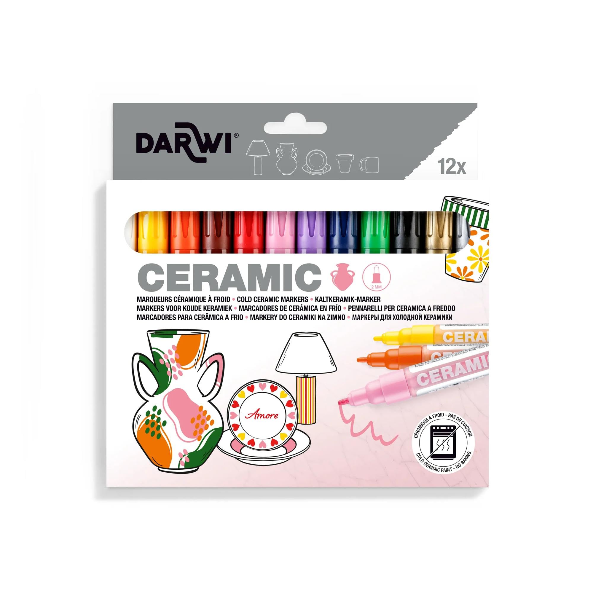 Darwi DA0340012K01C - Set mit 12 Kaltkeramik-Markern à 6ml, feine konische Spitze 2mm, farbig sortiert, 1 Set