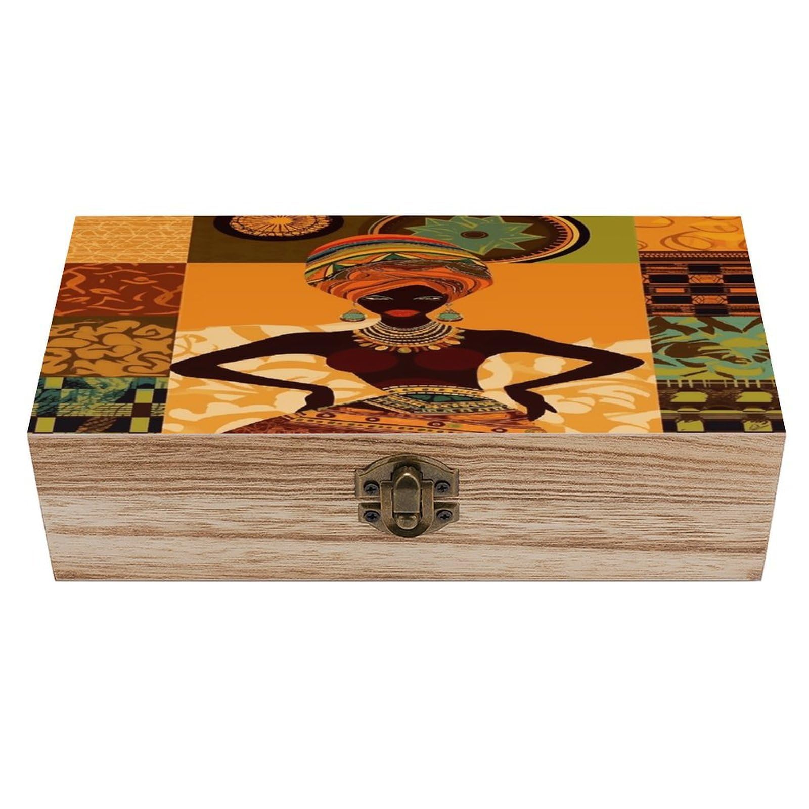 VstaDank African Woman Wooden Box with Hinged Lid Handmade Wooden Jewelry Boxs Organizer Personalized Woodens Keepsake Box for Pictures Wedding Photo Jewelry Decorative Chest Rustic Crate