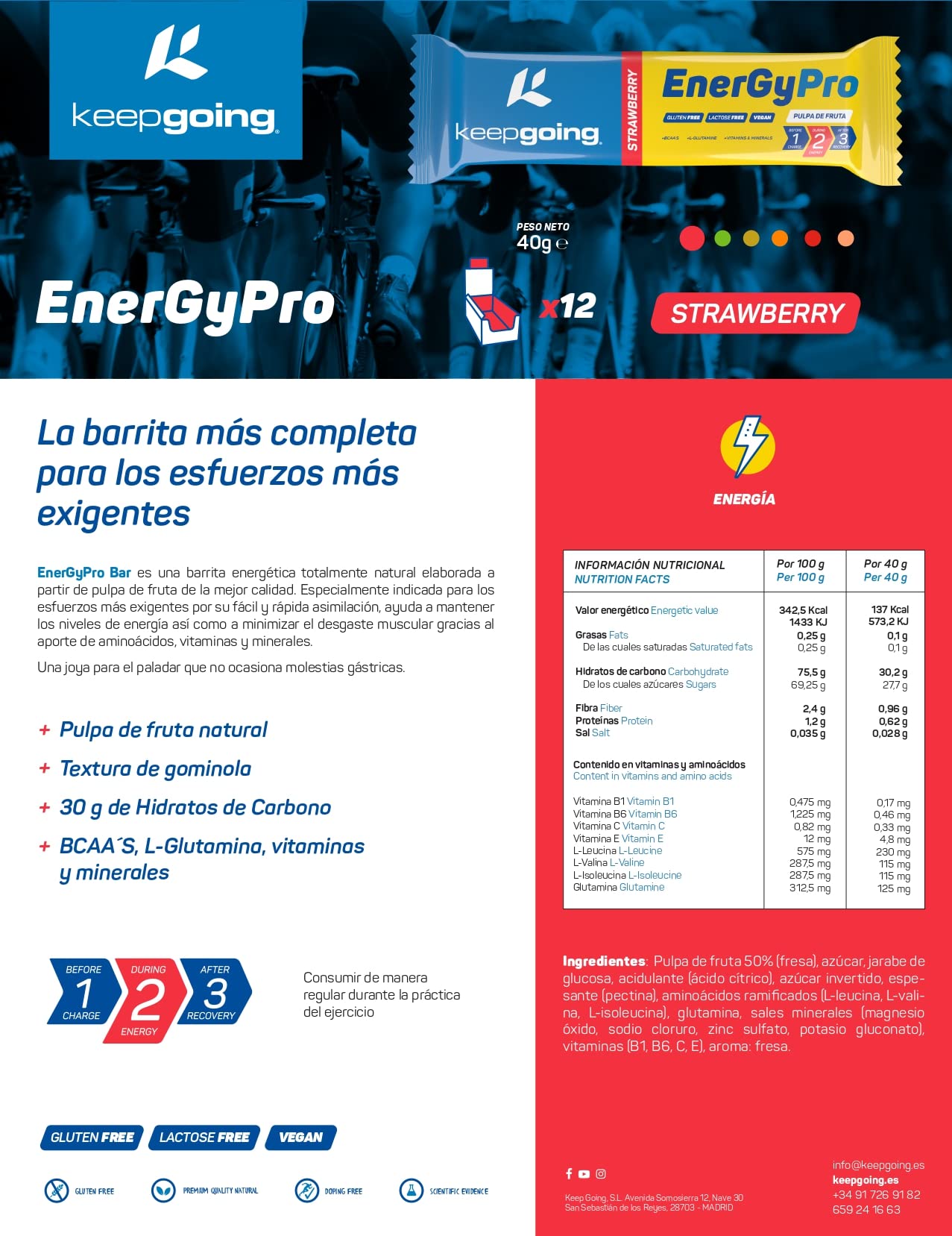 Keepgoing - Barritas Energéticas Naturales EnergyPro 12 uds x 40g | Textura de Gominola para Ciclismo y Running | Barritas Energéticas de Pulpa de Fruta (12 unidades, Fresa)