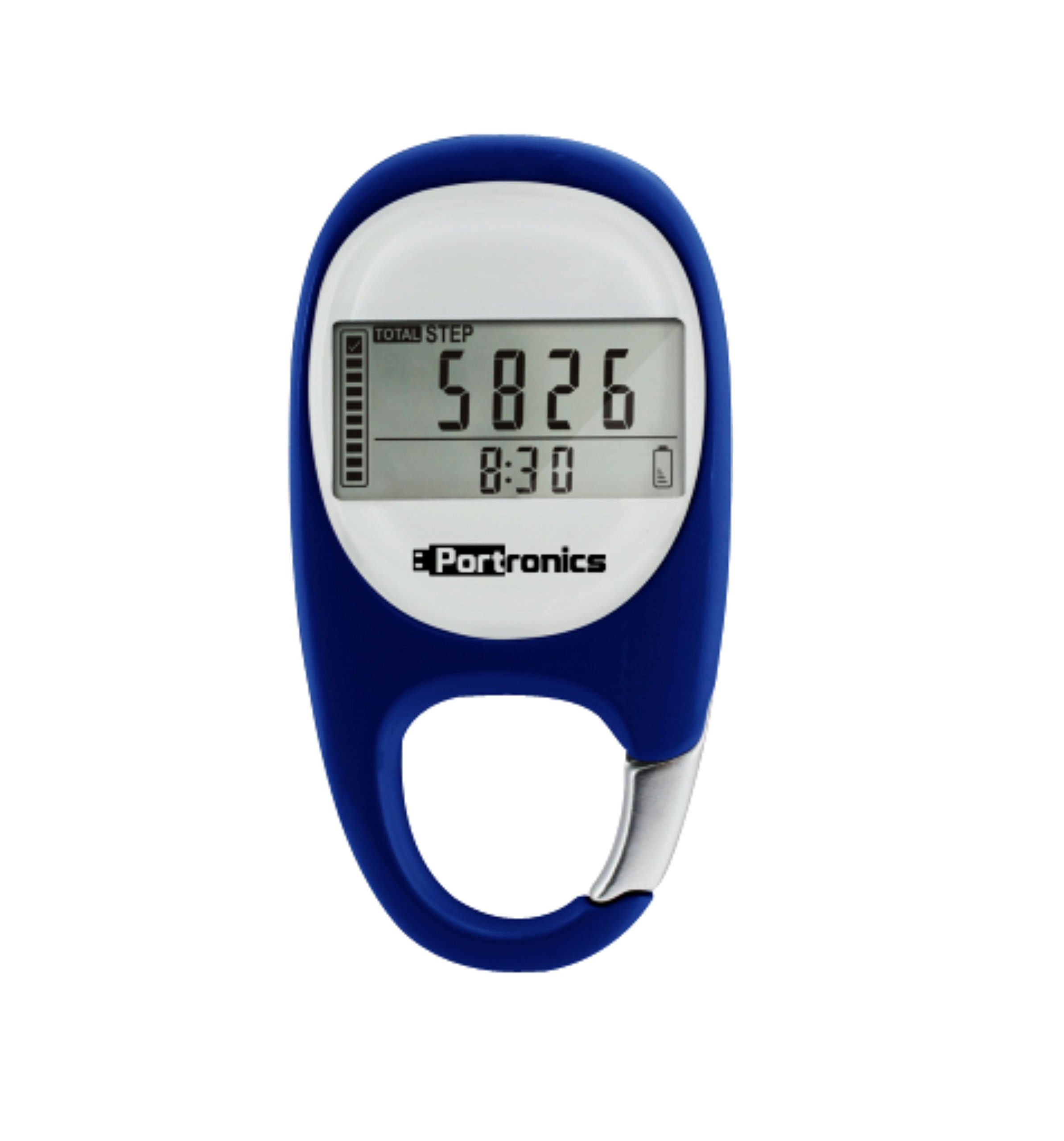Portronics Health Key III Pedometer displaying 5826 total steps and 8:30 time, with a battery icon next to it.