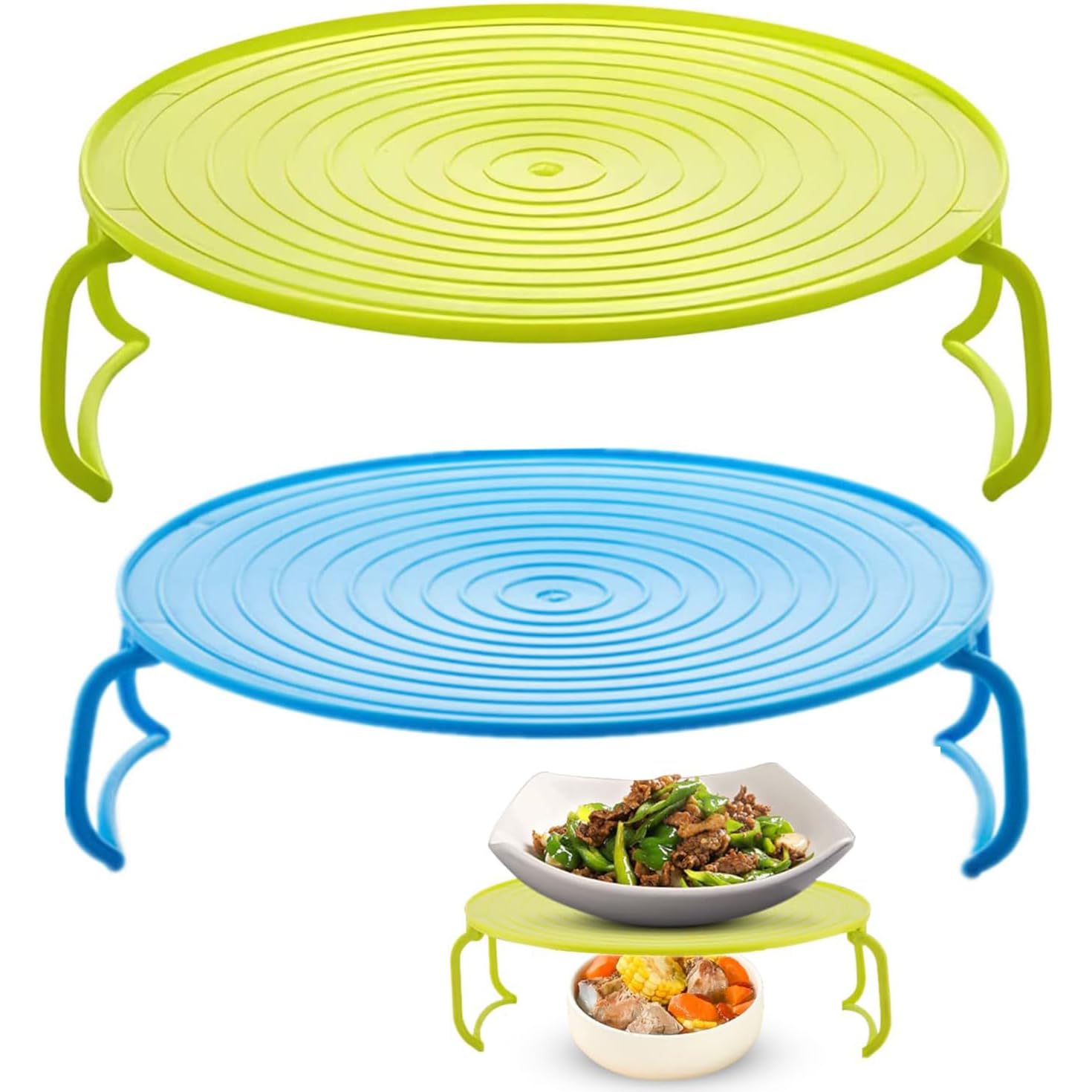 2 Pieces Microwave Folding Tray Multipurpose Oven Plate with Handle Steaming Shelf Baking Rack Anti-Slip Heating Layered Cooking Organiser for Hot Food, Plates, and Dishes (Blue&Green)