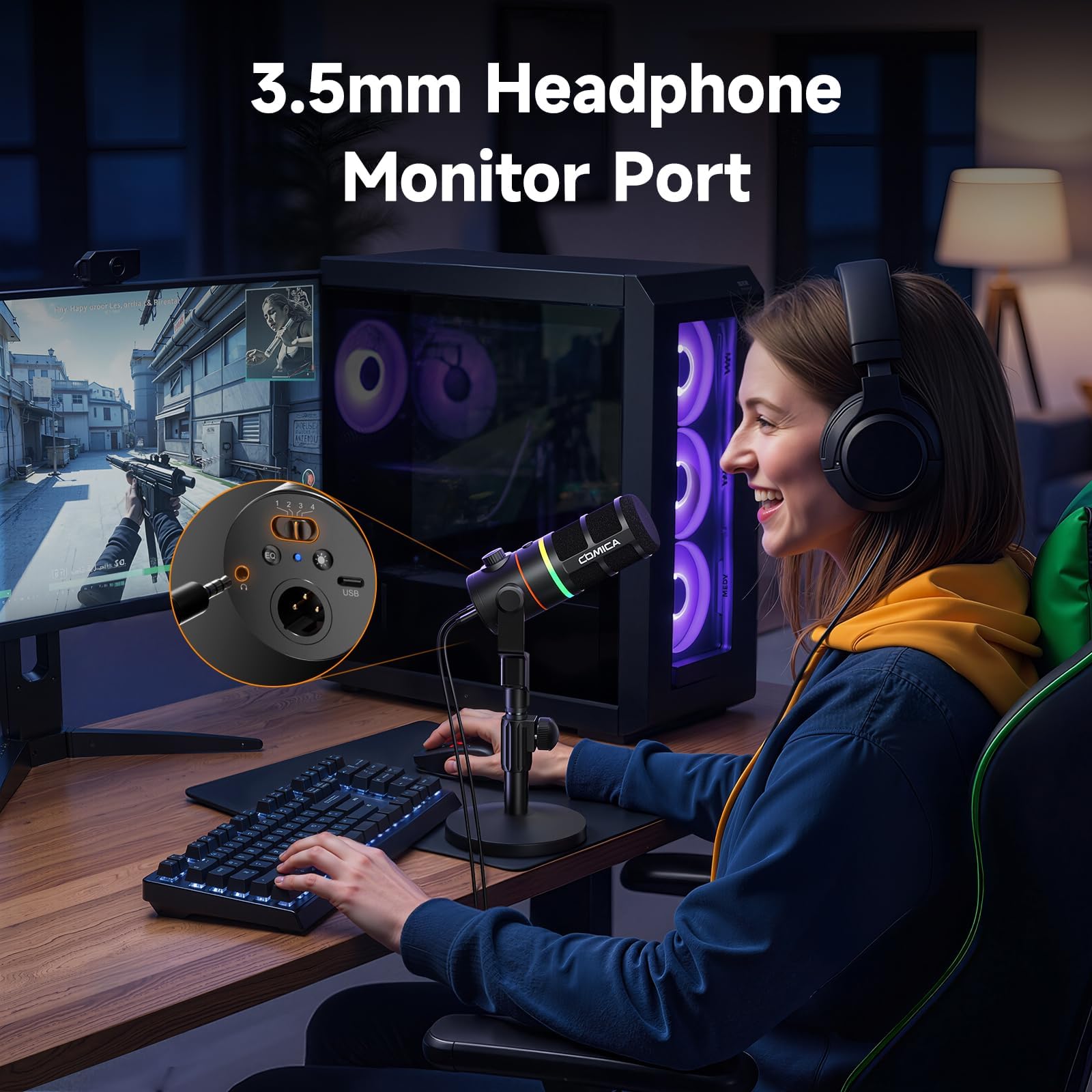 COMICA EJoy D10 XLR/USB-C Microfono dinamico per registrazione podcasting, microfono cablato live streaming con RGB dinamico, mute, riduzione del rumore, guadagno, per giochi, live streaming, YouTube
