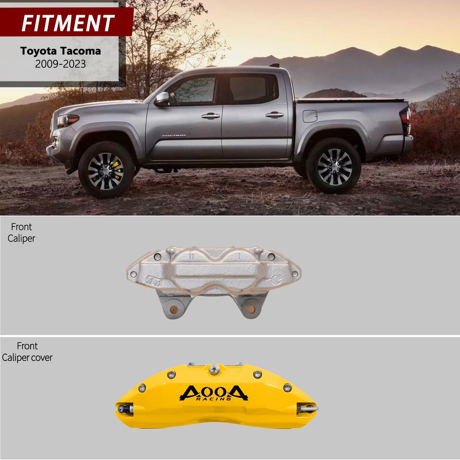 AOOA Caliper Covers Yellow with Black Characters Aluminum Brake Caliper Covers Fit for Toyota Tacoma 2009-2023（only front）(18-inch wheels and above)