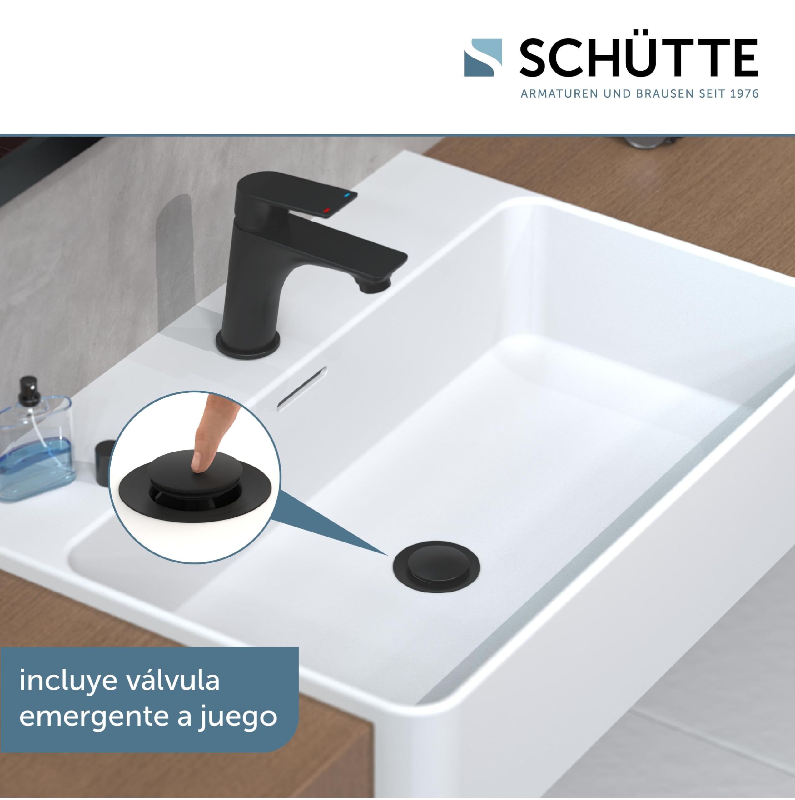 SCHÜTTE BOSTON 33216 Grifo de baño negro mate, grifo de lavabo, grifo mezclador de lavabo, negro, moderno mezclador monomando con desagüe, grifo de lavabo para tu baño