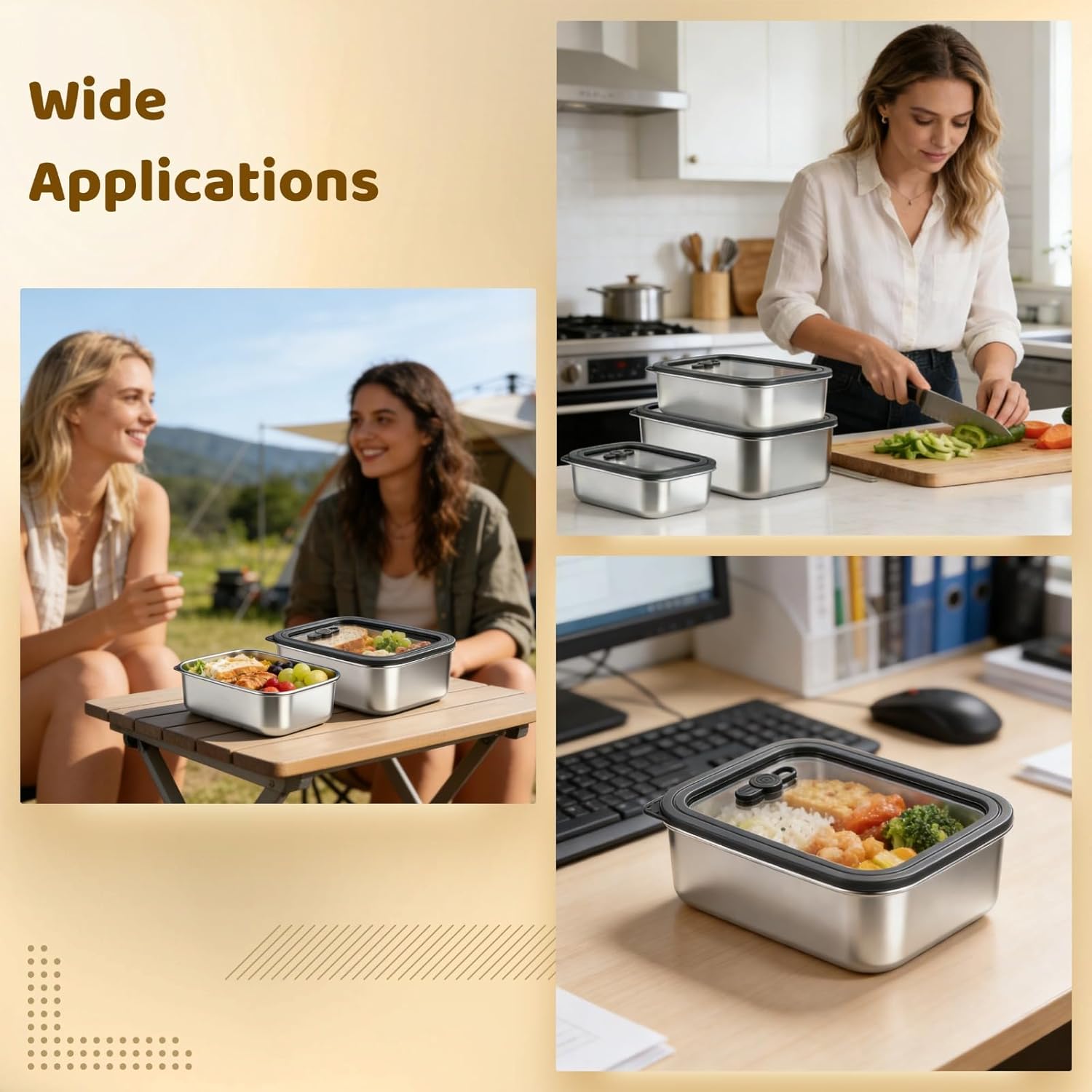 3Pcs Long-Lasting Stainless Steel Food Storage Containers with Glass Lids, 78 fl oz / 44 fl oz / 22 fl oz, Proven Airtight Leak Proof Versatile Meal Prep Bento Box for Picnics - Image 5