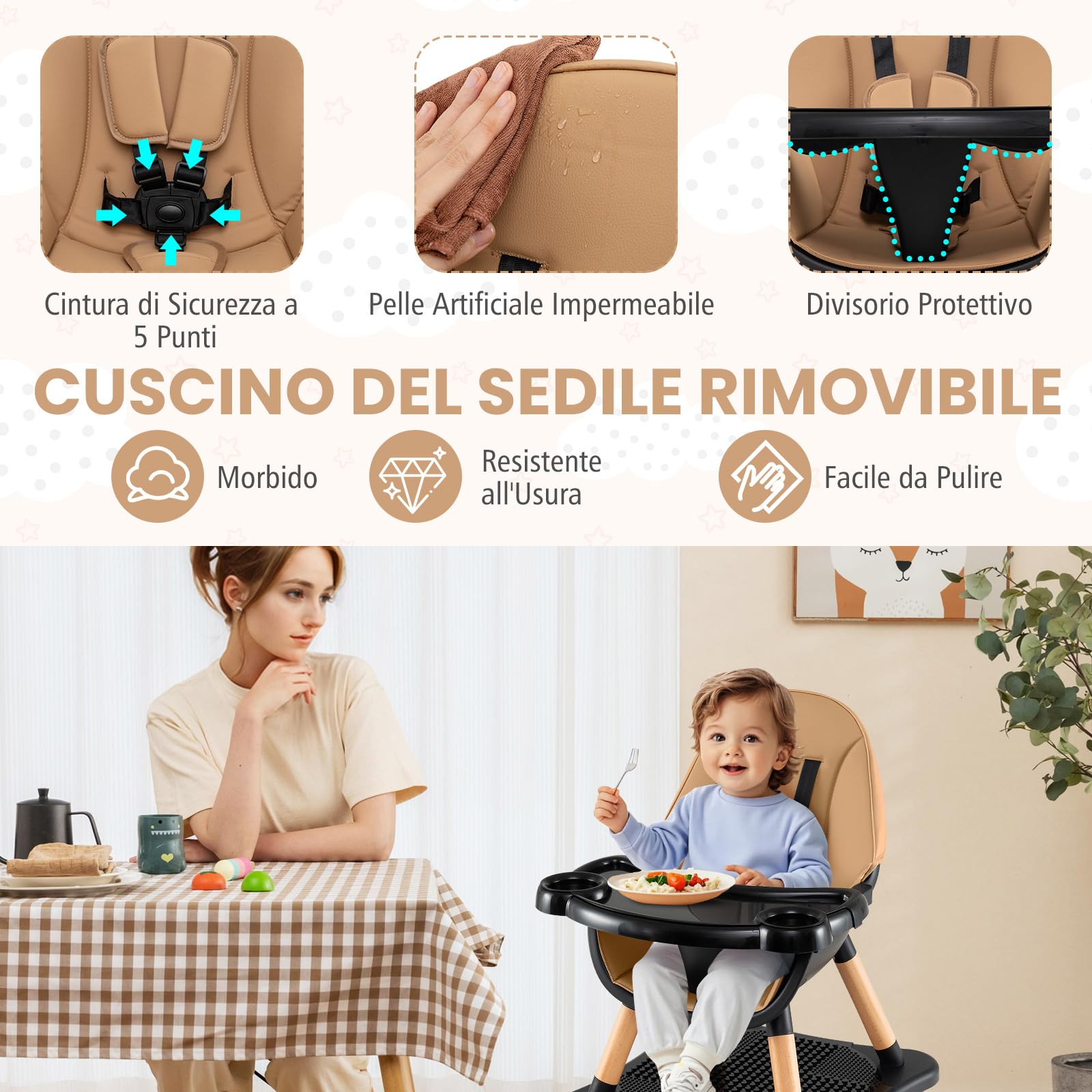 RELAX4LIFE 4 in 1 Seggiolone Pappa, Seggiolone Evolutivo con Vassoio Rimovibile e Cintura di Sicurezza, Altezza Regolabile in 4 Posizioni, per Bambini e Neonati 6-36 Mesi (Standard, Mocha)