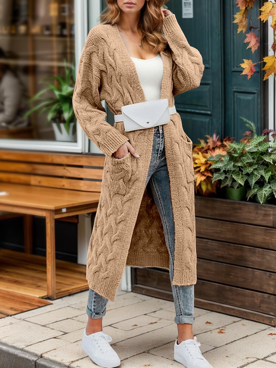 Hooded Open Front Cardigan Sweaters for Women Oversized Cable Knit Sweaters Chunky Pocketed Trendy Long Cardigans Khaki, Small - Image 4