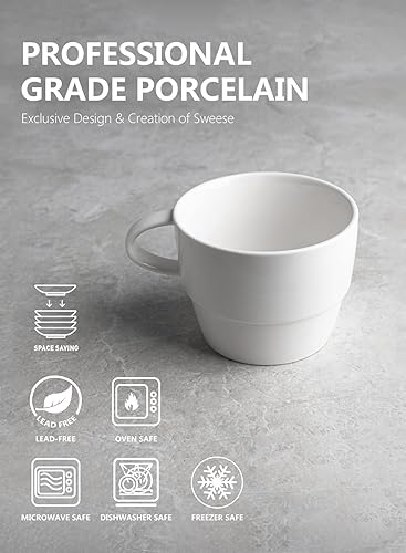 Miniatura 7 de Sweese Tazas de capuchino apilables de porcelana de 8 onzas con platillos y soporte de metal y tazas de porcelana de 6 onzas, blanco-406.401 y
