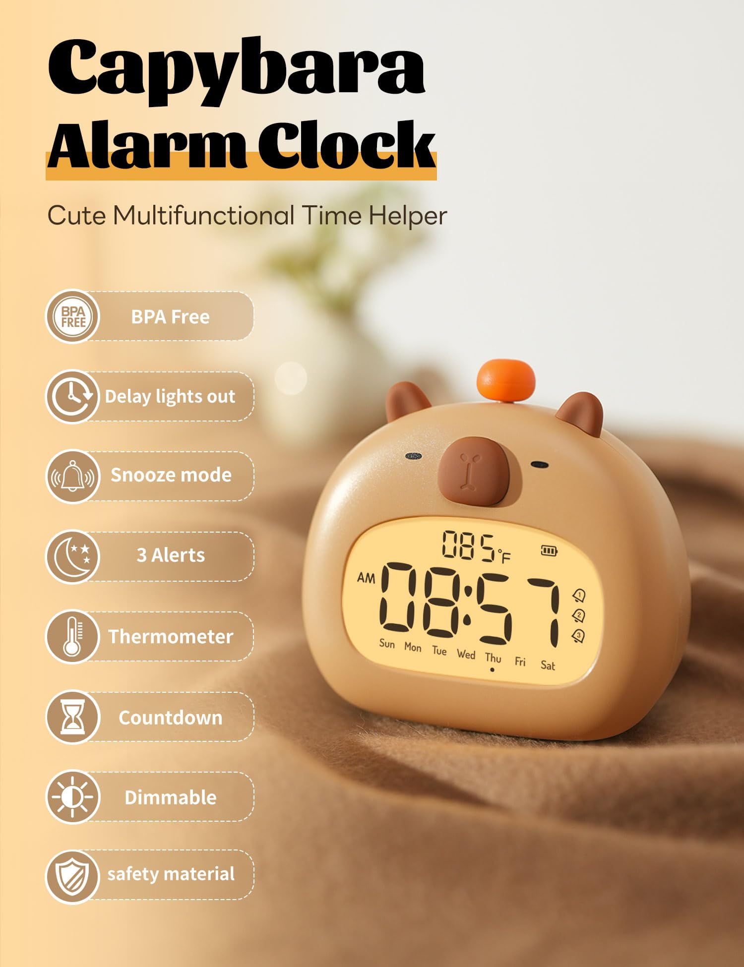 IHALO Capibara Sveglia Bambini, Comodino con Luce Notturna, Display Digitale LED 3,15 Pollici, Tre Allarme, Modalità Weekend, Data, Ora, Temperatura, Ricaricabile, Decorazione Cameretta per Bebè