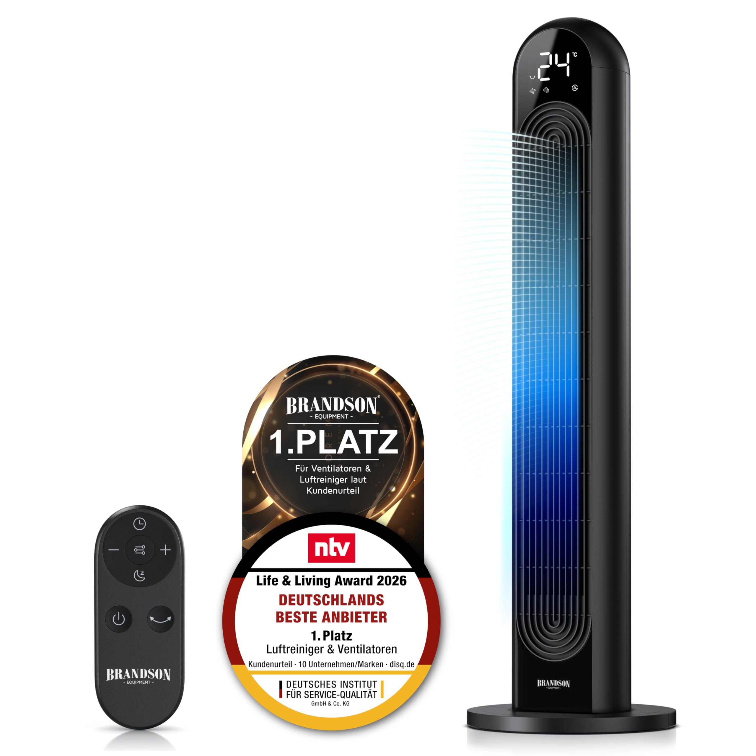 Brandson - DC Turmventilator Eco Design – sehr leise - mit DC Motor – Sieger Ventilatoren und Luftkühler 2026-12 Geschwindigkeiten – 4 Modi normal Natur Schlaf Auto – Oszillation – Fernbedienung