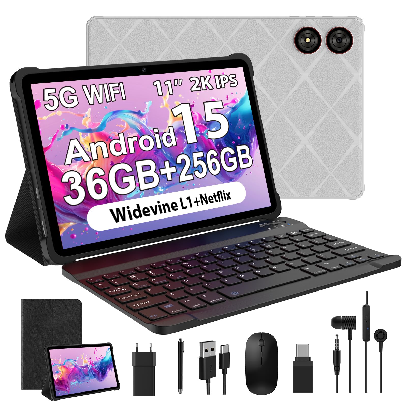Tablette 11 Pouces Android 15, WiFi 5G, Octa-Core, 36GB RAM+256GB RO(1TB TF), Widevine L1/8+13MP/8000mAh/GMS/GPS, avec Clavier+Souris (Gris)