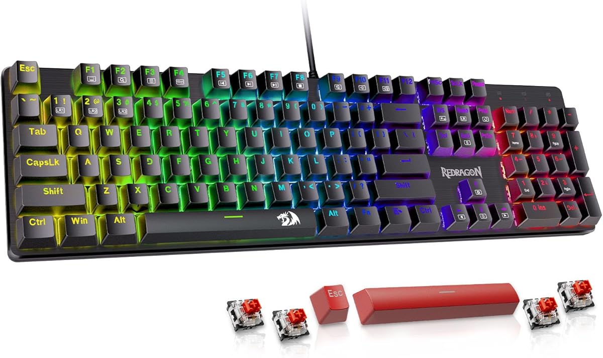 Redragon Mechanical Gaming Keyboard Wired, 11 Programmable Backlit Modes, Hot-Swappable Red Switch, Anti-Ghosting, Double-Shot PBT Keycaps, Light Up Keyboard for PC Mac : Video Games