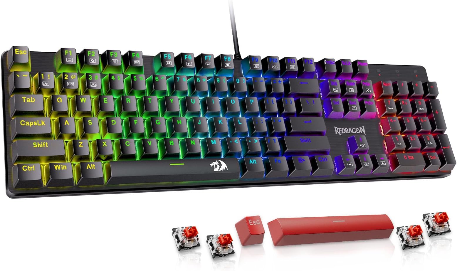 Redragon Mechanical Gaming Keyboard, LED RGB Backlit Programmable Wired Mechanical Keyboard with Red Switch, Hot-Swappable, Anti-Ghosting, Double-Shot PBT Keycaps, Light Up Keyboard for PC Mac