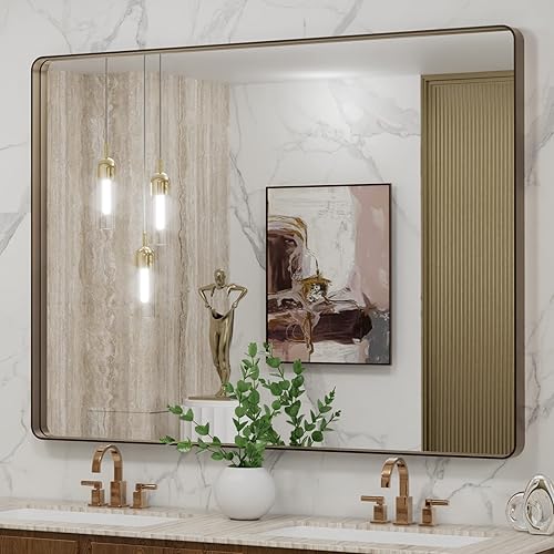 Miniatura 212 de LOAAO - Espejo de tocador para baño con marco de metal negro mate de 24 x 32 pulgadas para pared, rústico, rectangular, grande, redondeado