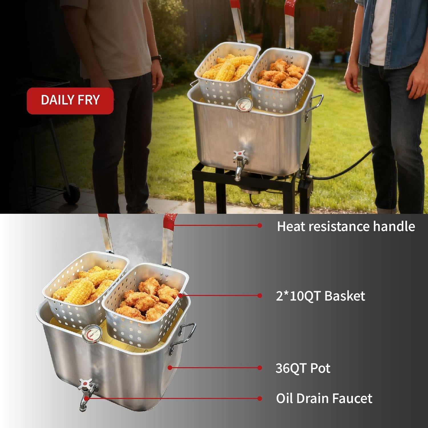 36QT Aluminum Deep Fryer Pot with Baskets &Spigot，Durable Rectangular Fish Fryers with Thermometer，Complete Outdoor Cooking Kit for Frying Fish,Crawfish,Crab,Turkey