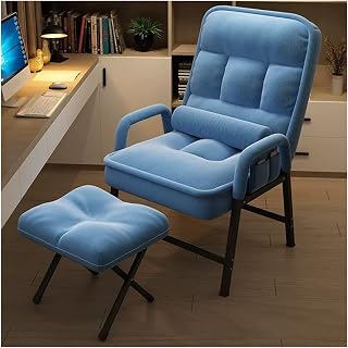 Silla moderna de lino de mediados de siglo con otomana, elegante sillón reclinable para sala de estar y oficina, diseño compacto para espacios pequeños, color azul