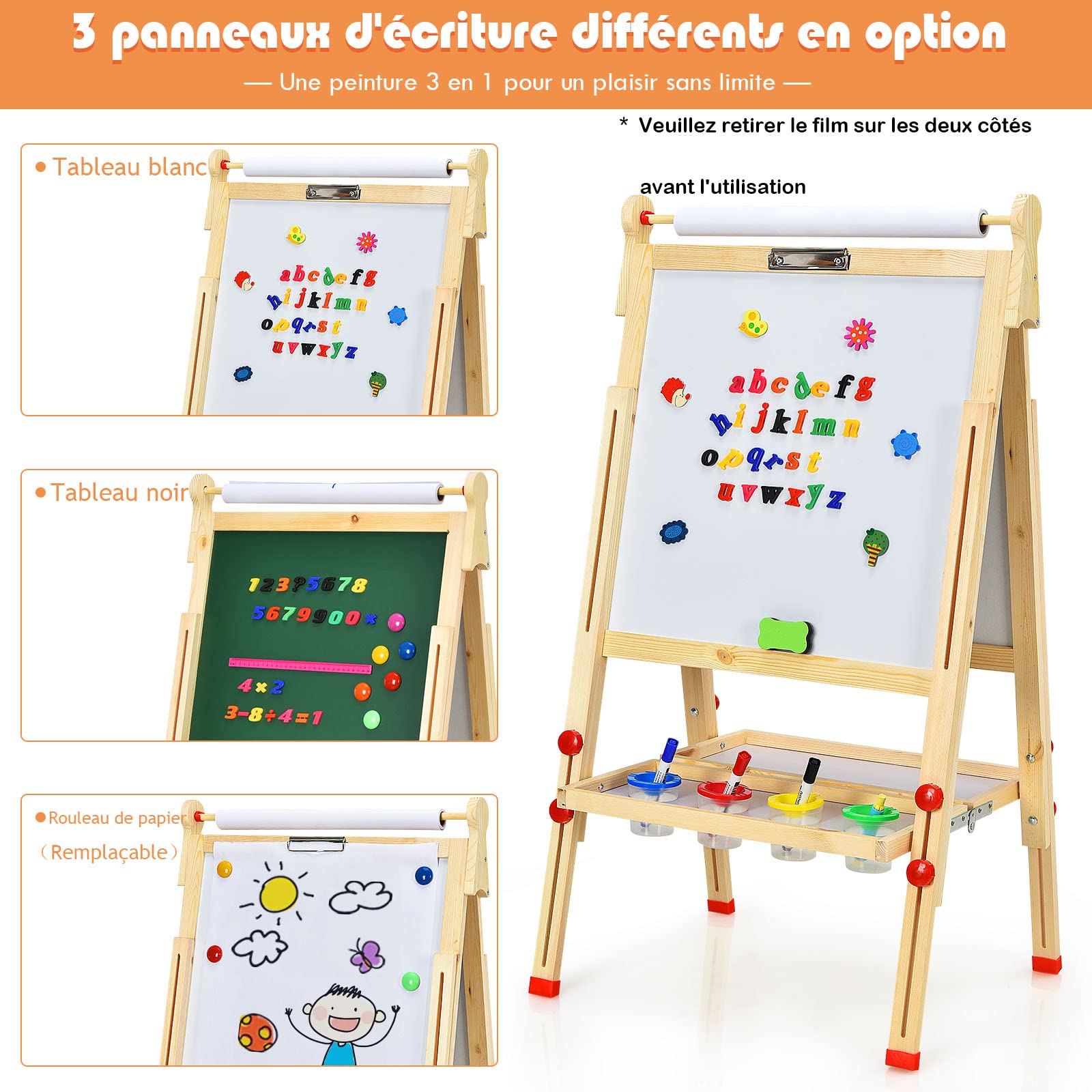 COSTWAY Chevalet Pliable en Bois pour Enfants, 3 en 1 Tableau à Dessin Réglable en Hauteur avec Tableau Noir & Blanc, Rouleau de Papier, Plateau de Rangement et Accessoires Complets, Naturel