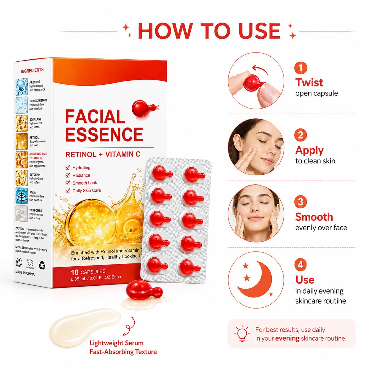 Cápsulas de esencia facial de retinol vitamina C, 40 tiras/4 cajas | Embalaje higiénico de una sola dosis