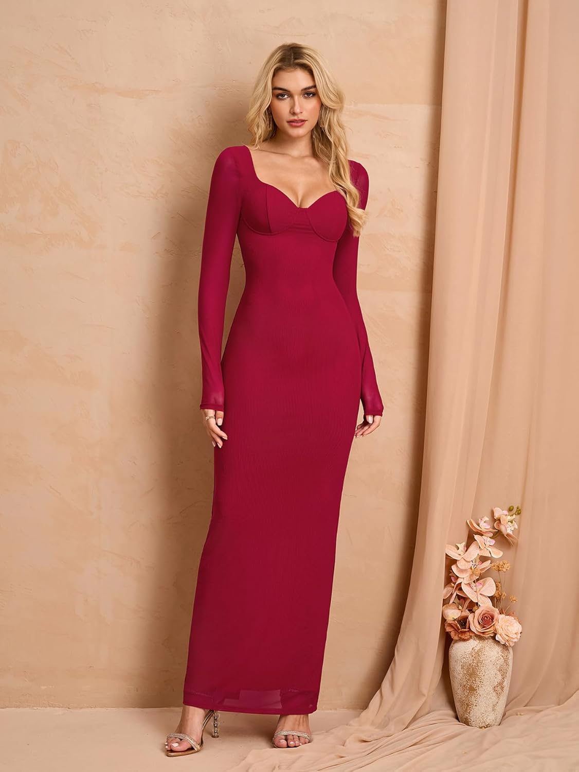 HTZMO Women Fall Long Sleeve Bodycon Maxi Dress Sexy V Neck Wedding Guest Formal Party Elegant Long Dresses - Image 3