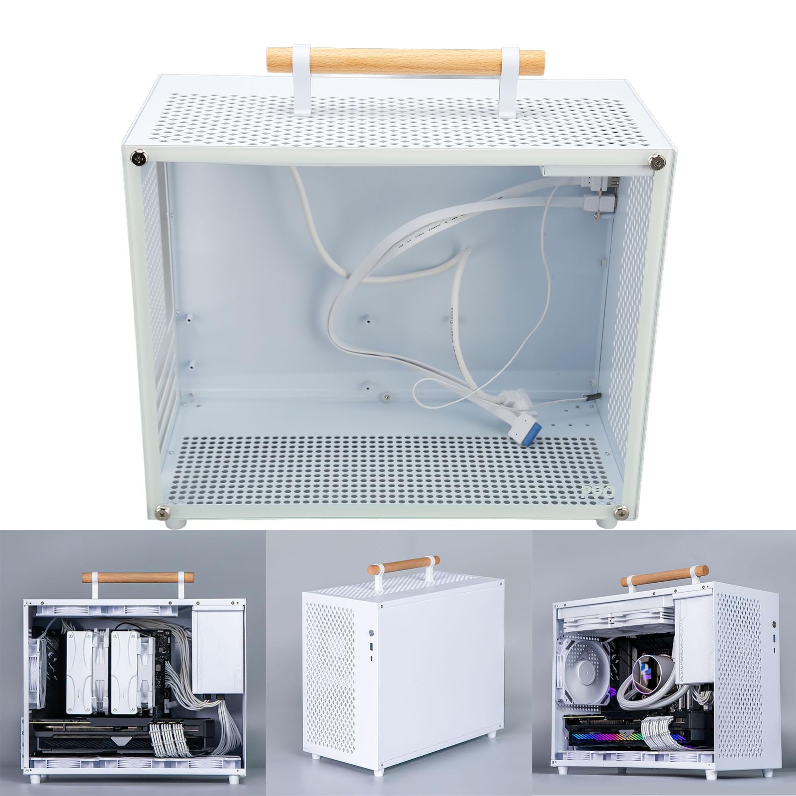 Custodia MATX, Custodia Mini ITX Portatile con Manico in Legno e Pannello Laterale in Vetro Temperato Trasparente, Custodia per Computer Mini Tower Stile Semplice con Interfaccia