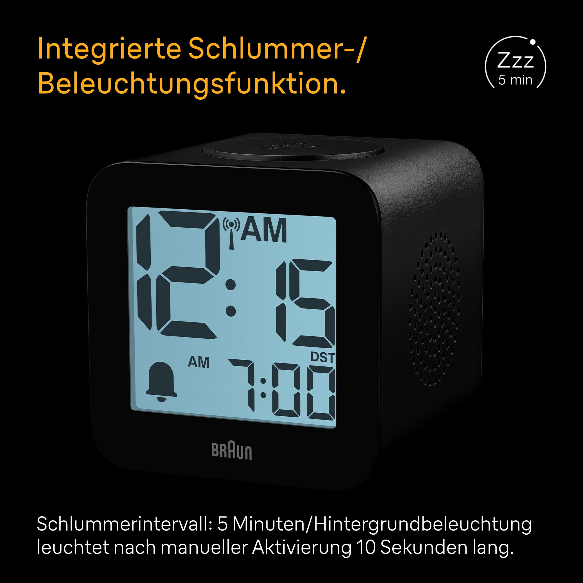 Braun digitaler funkgesteuerter Wecker für mitteleuropäische Zeitzone (DCF) mit Sprachausgabe, Schlummerfunktion, positiver LCD-Anzeige, ansteigendem Signalton in schwarz, Modell BC25BP-DCF