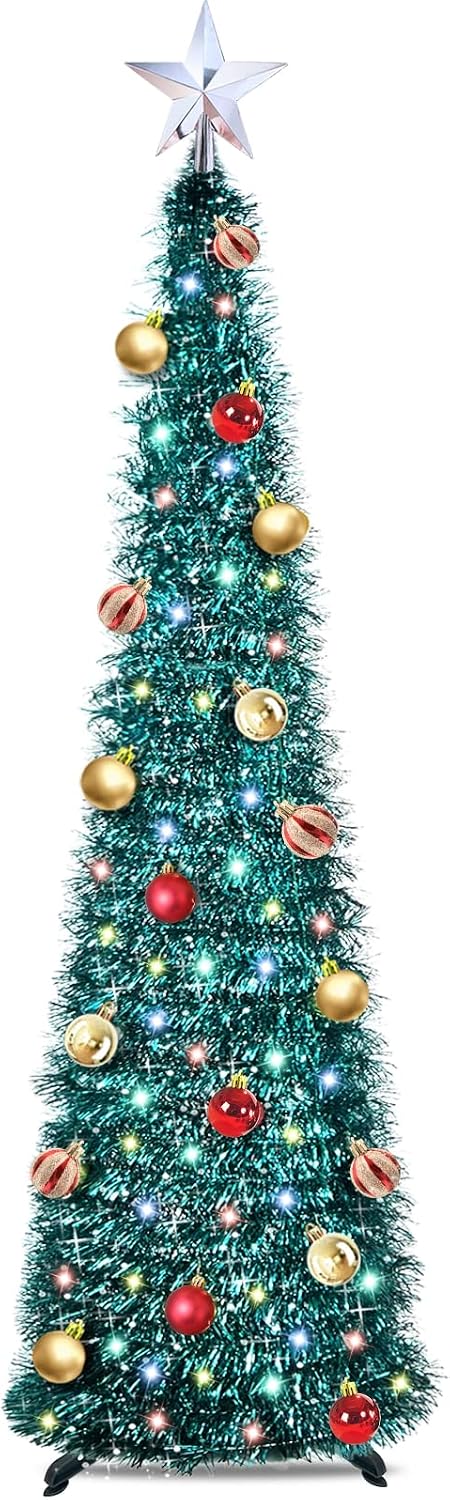 5 Ft Pop Up Christmas Tree Tinsel with 50 Color Lights Timer 3D Star 25 Balls Battery Operated Pencil Slim Artificial Tree Holiday Party Christmas Decoration Home Indoor Outdoor (Blue)
