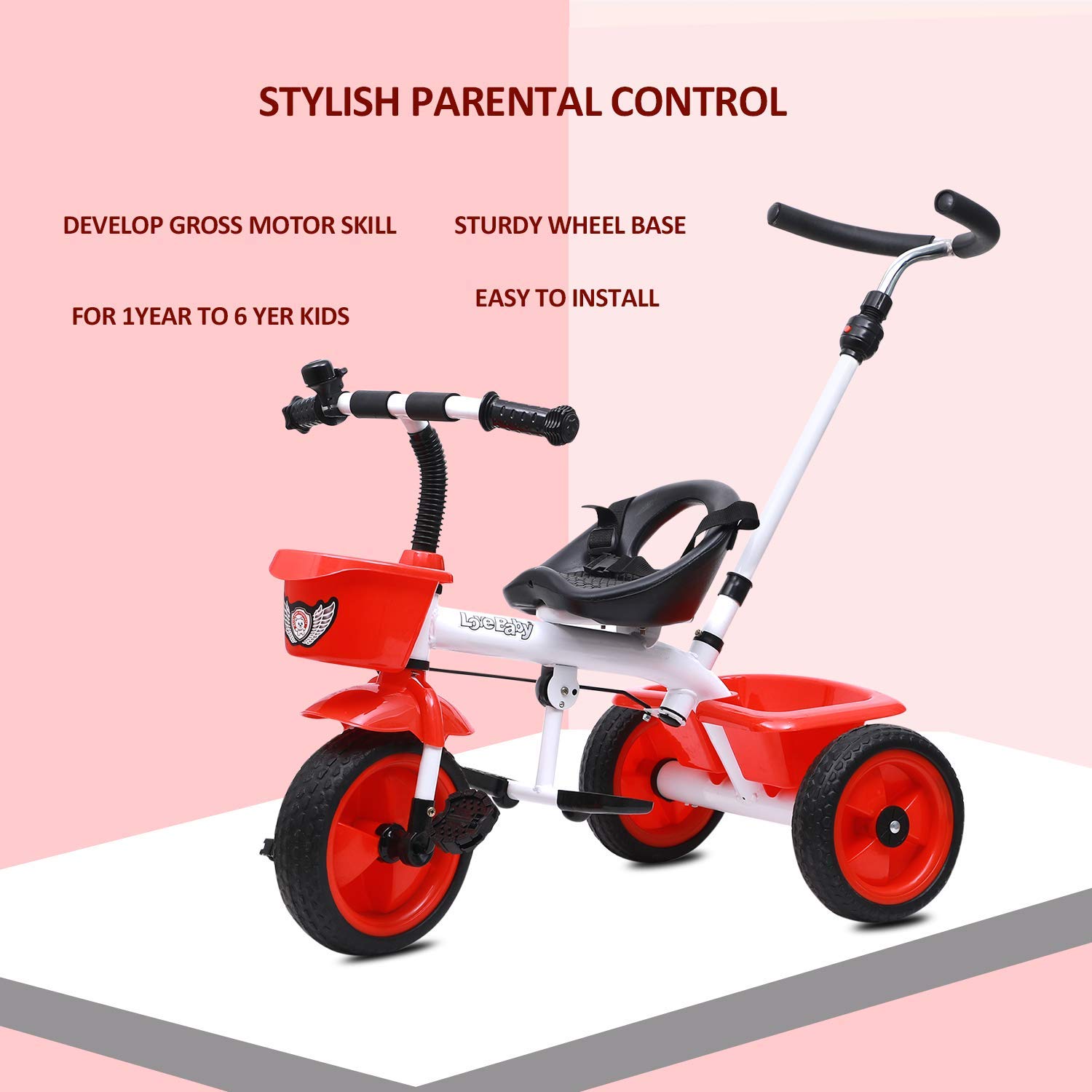 JoyRide Metal Tricycle with Parent Push Handle (red) 1