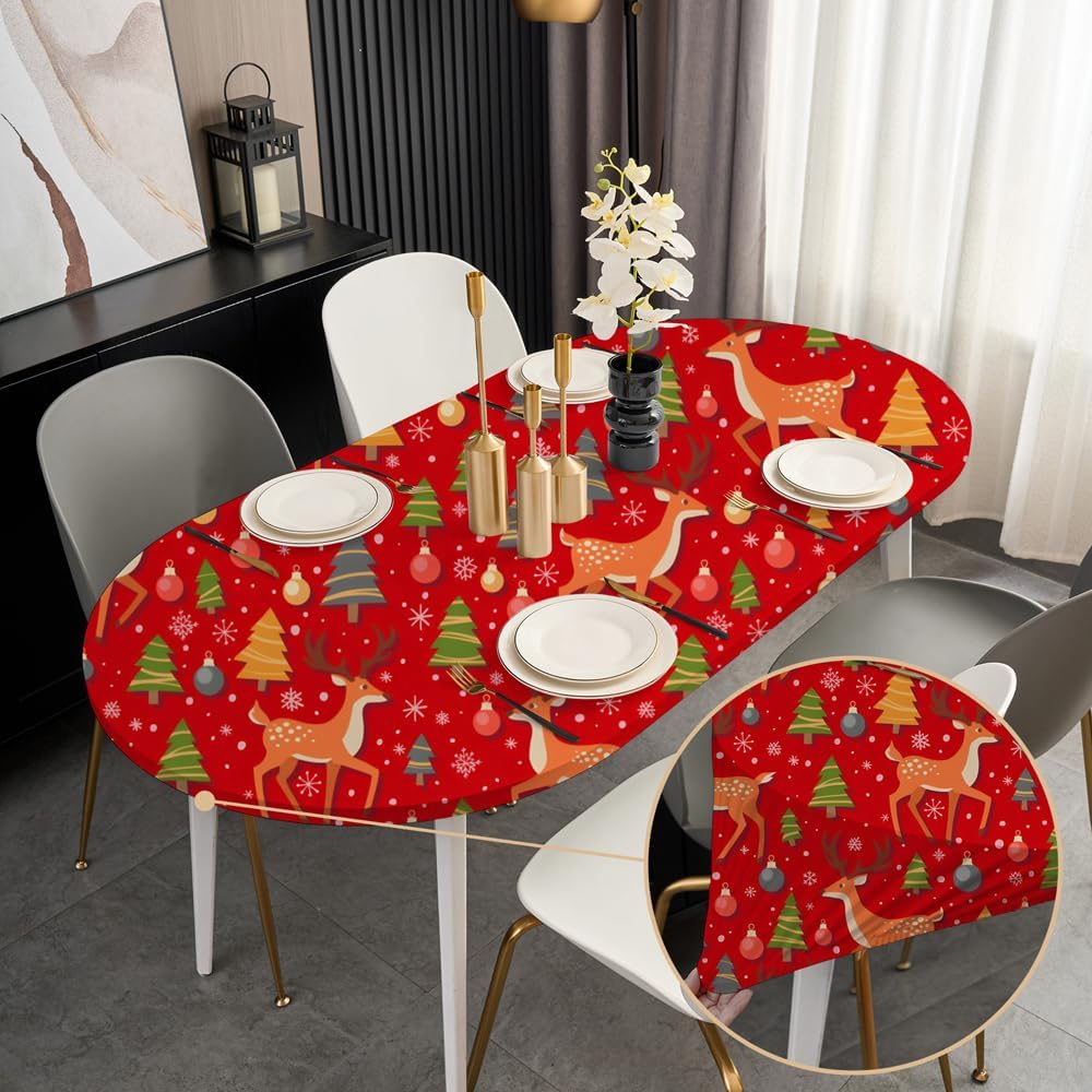 Christmas Red Fitted Table Cloth with Elastic Oval Dining Table Cover 48x68 Inch Kitchen Stretchy Washable Fabric Winter Tablecloth Non Slip Wrinkle Free Cute Moose 68" x 48" (Oval) Christmas 01