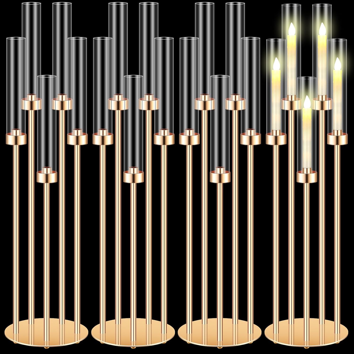 Tandefio 4 Pcs Acrylic Candelabra Centerpieces 35" Tall Clear Candle Holders Pillar Taper Candlestick with Lampshades 5 Arm Floor Candelabra Stand for Wedding Christmas Ceremony Dinner Party