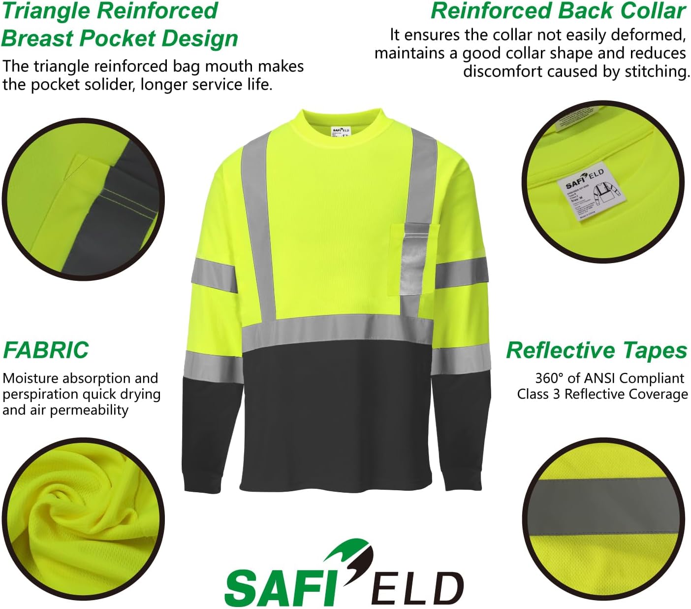 Hi Vis Safety Shirts for Men Reflective,High Visibility Work T-Shirt Short Long Sleeve with Pocket, 3 and 5 Pack - Image 2