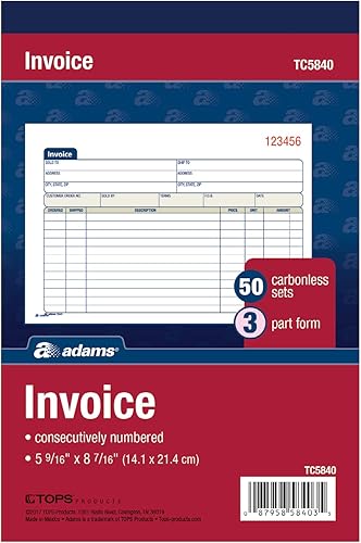 Adams Libro de facturas, 3 partes, sin carbono, 5.56 x 8.44 pulgadas, 50 juegos por libro, blanco, canario y rosa (TC5840), blancocanariorosa Adams Libro de facturas, 3 partes, sin carbono, 5.56 x 8.44 pulgadas, 50 juegos por libro, blanco, canario y rosa (TC5840), blancocanariorosa