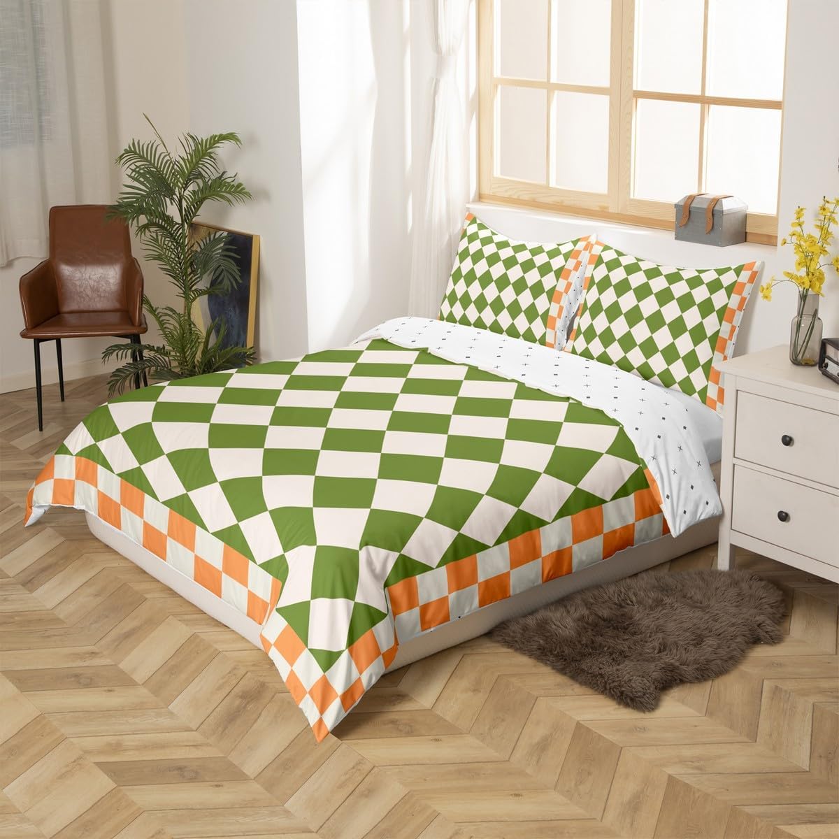 Erosebridal Green Orange Comforter Cover Queen Geometric Checkered Bedding Set Aesthetic Diamond Duvet Cover for Kids Boys Girls,Modern Fashion Bed Set