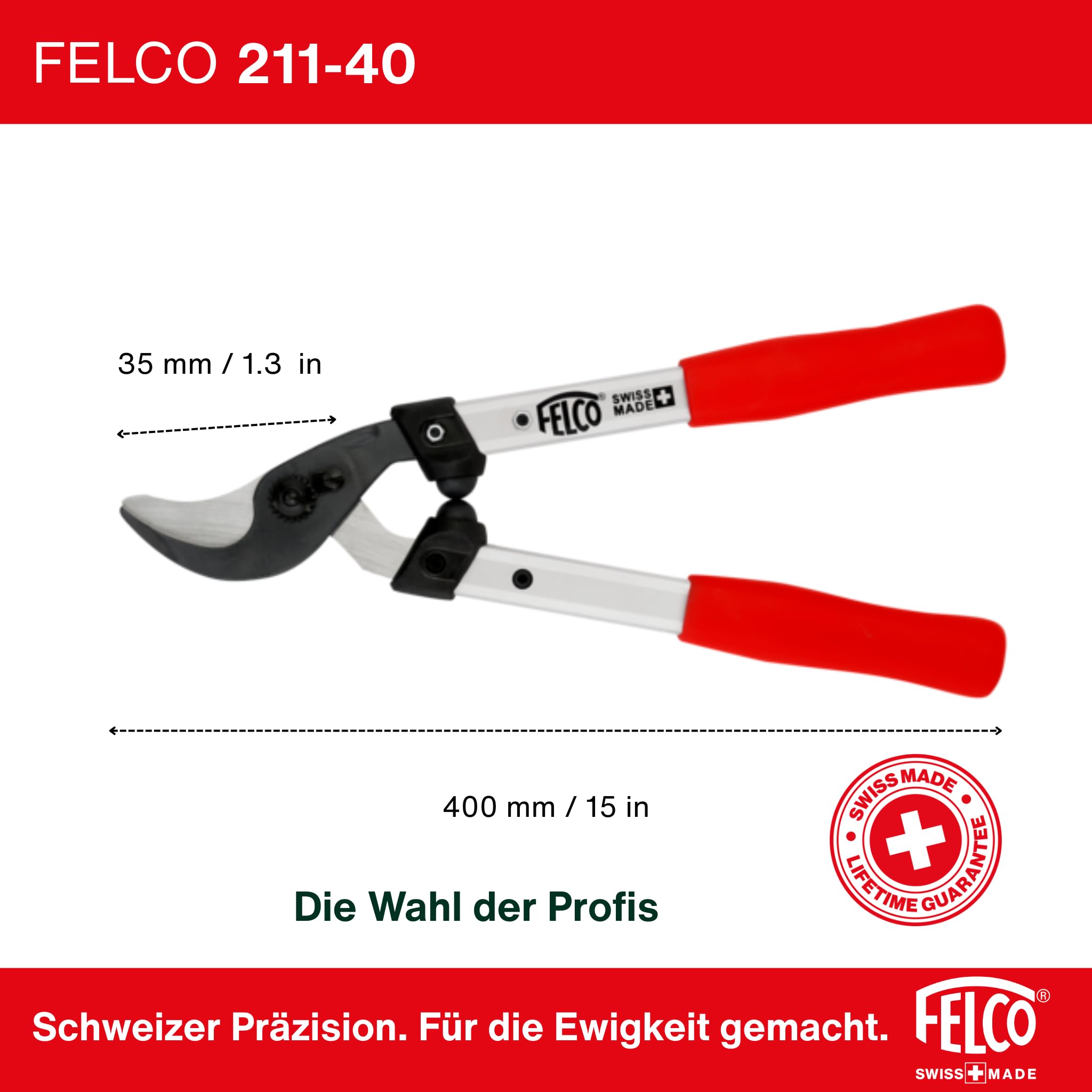 FELCO 211-40 Bypass-Astschere 400 mm, professionelle Gartenschere, Schnittdurchmesser 35 mm, Aluminiumgriffe