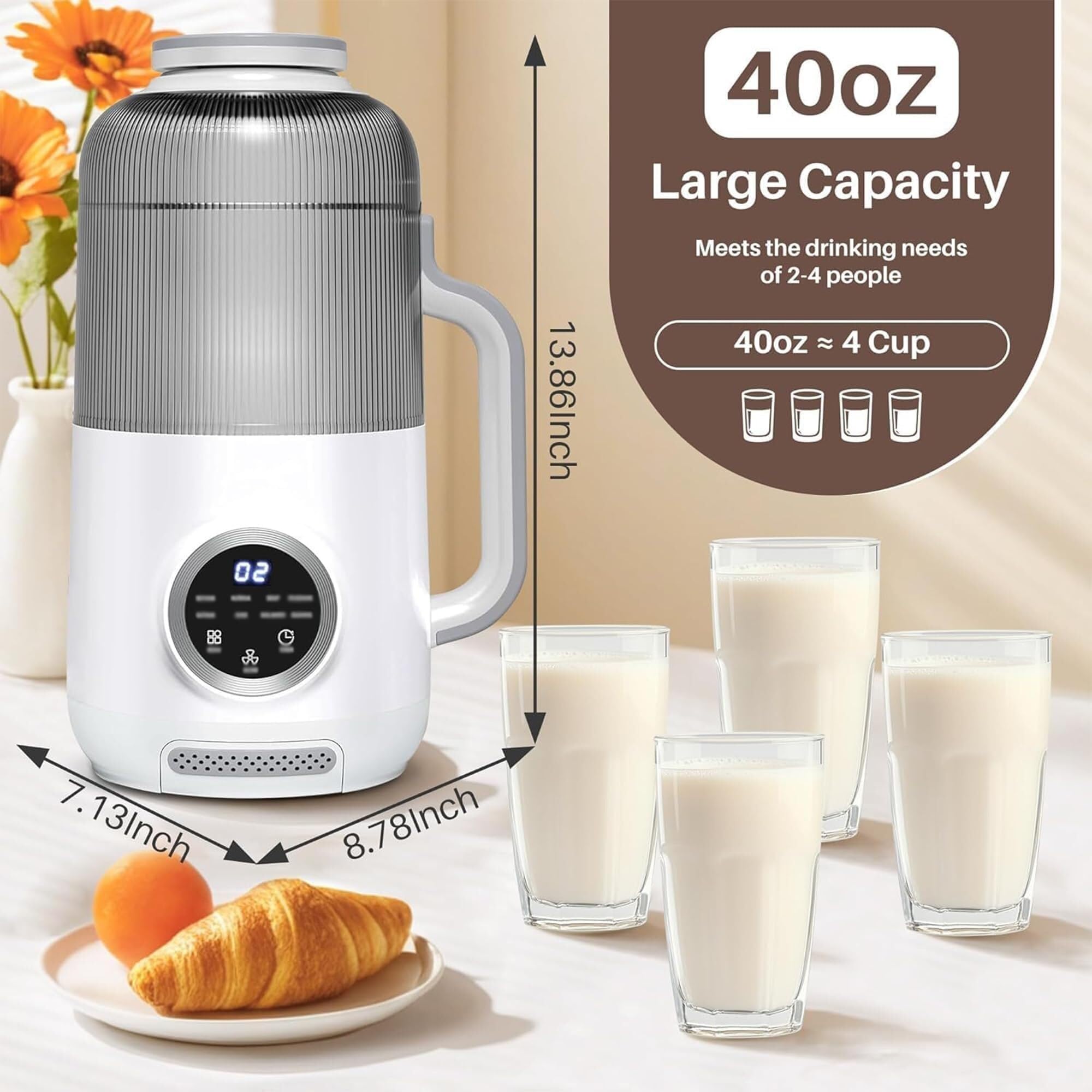 Maszyna Do Mleka Orzechowego 1200 Ml, Mleko Migdałowe, Soja, Owies | Automatyczny program czyszczenia, 12-godzinny timer i funkcja utrzymywania ciepła przez 2 h, redukcja szumów o 30%.