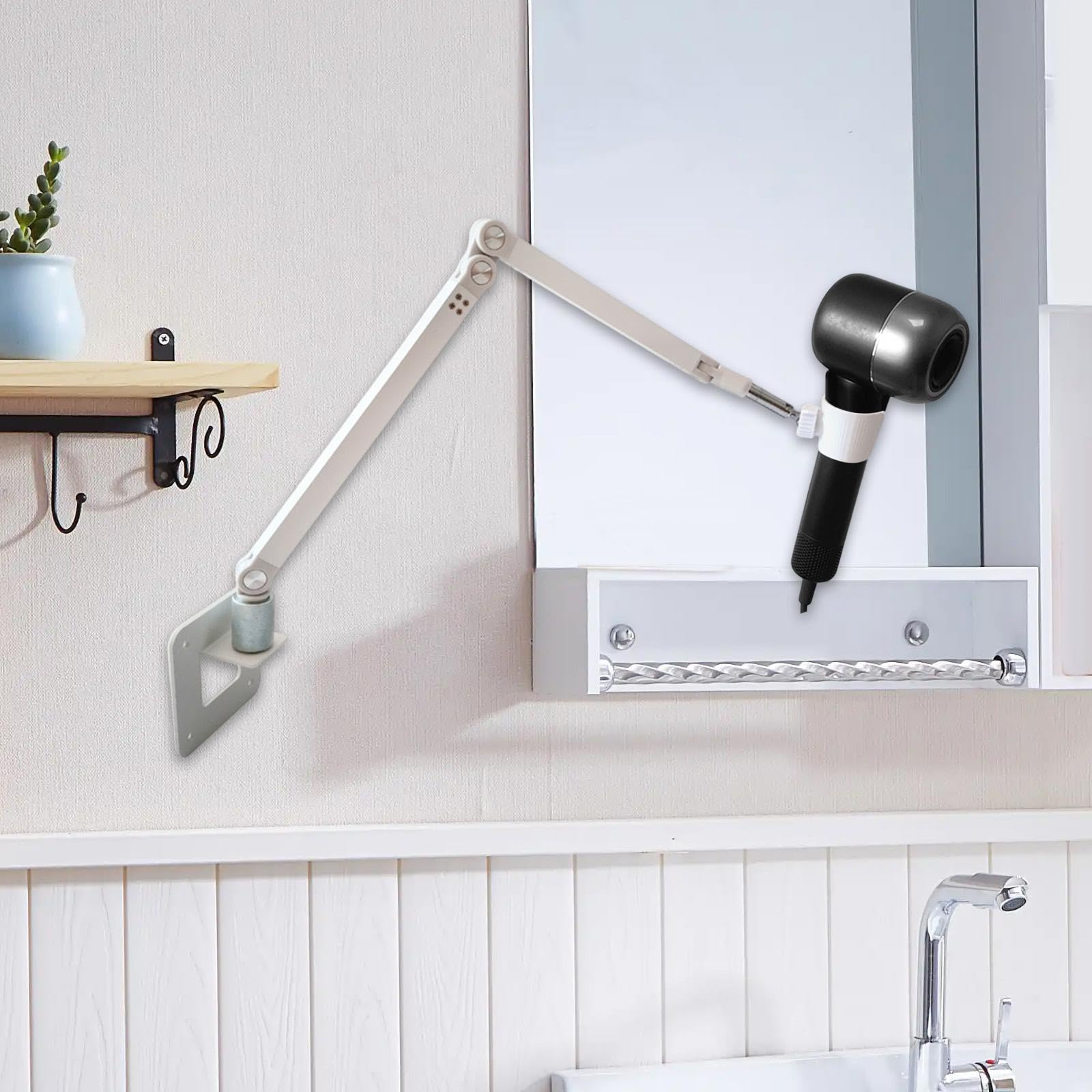harayaa Soporte para el secador de Cabello Rack de secador de Cabello Ajustable montado en la Pared para el baño de baño, Brazo Largo Blanco
