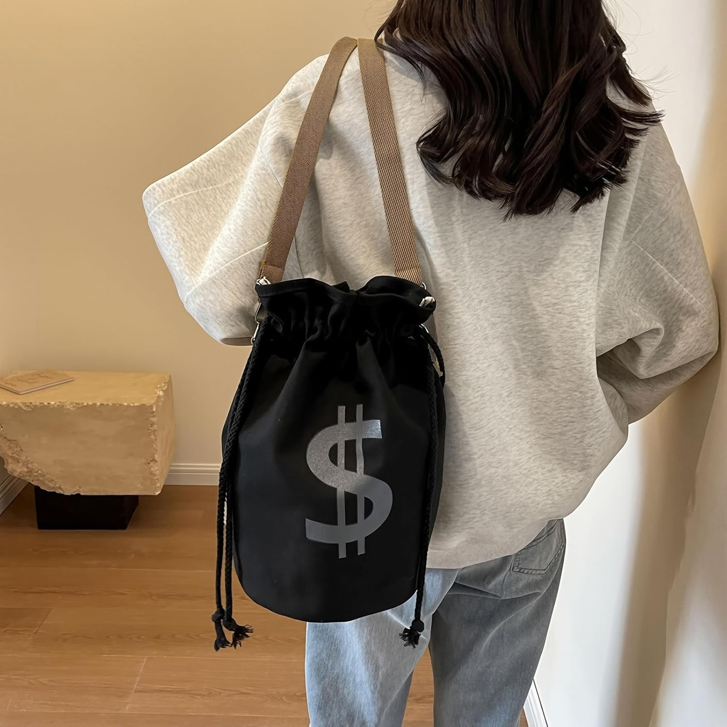 Canvas Drawstring Backpack with Coin pouch, Large Money Dollar Sign Bucket Rucksack, Lightweight Sport Bags (Light Khaki) - Image 7