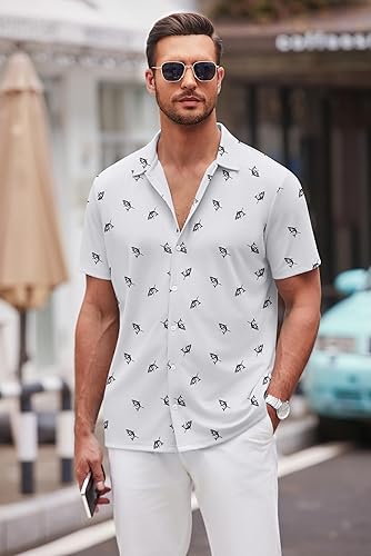 Miniatura 64 de COOFANDY Camisa casual con botones para hombre, manga corta, sin arrugas, camisa de verano