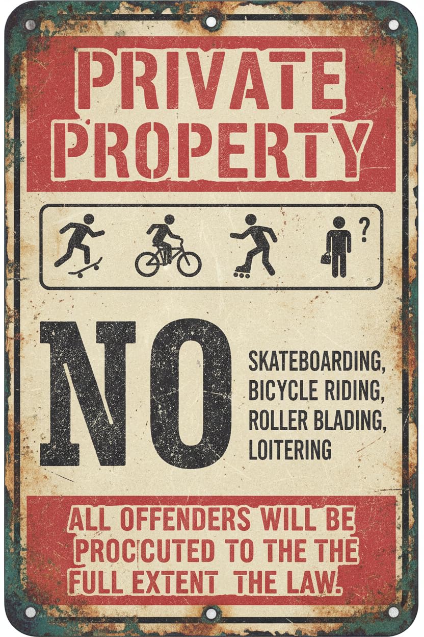 No Skateboarding Biking Loitering Private Property Tin Sign, 8x12 Inch