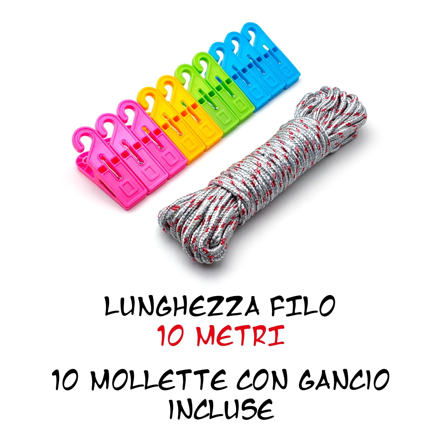 10 m Coloured Nylon Rope + 10 Clips with Hook, Durable Laundry Line for Outdoor Indoor, Garden - Image 2