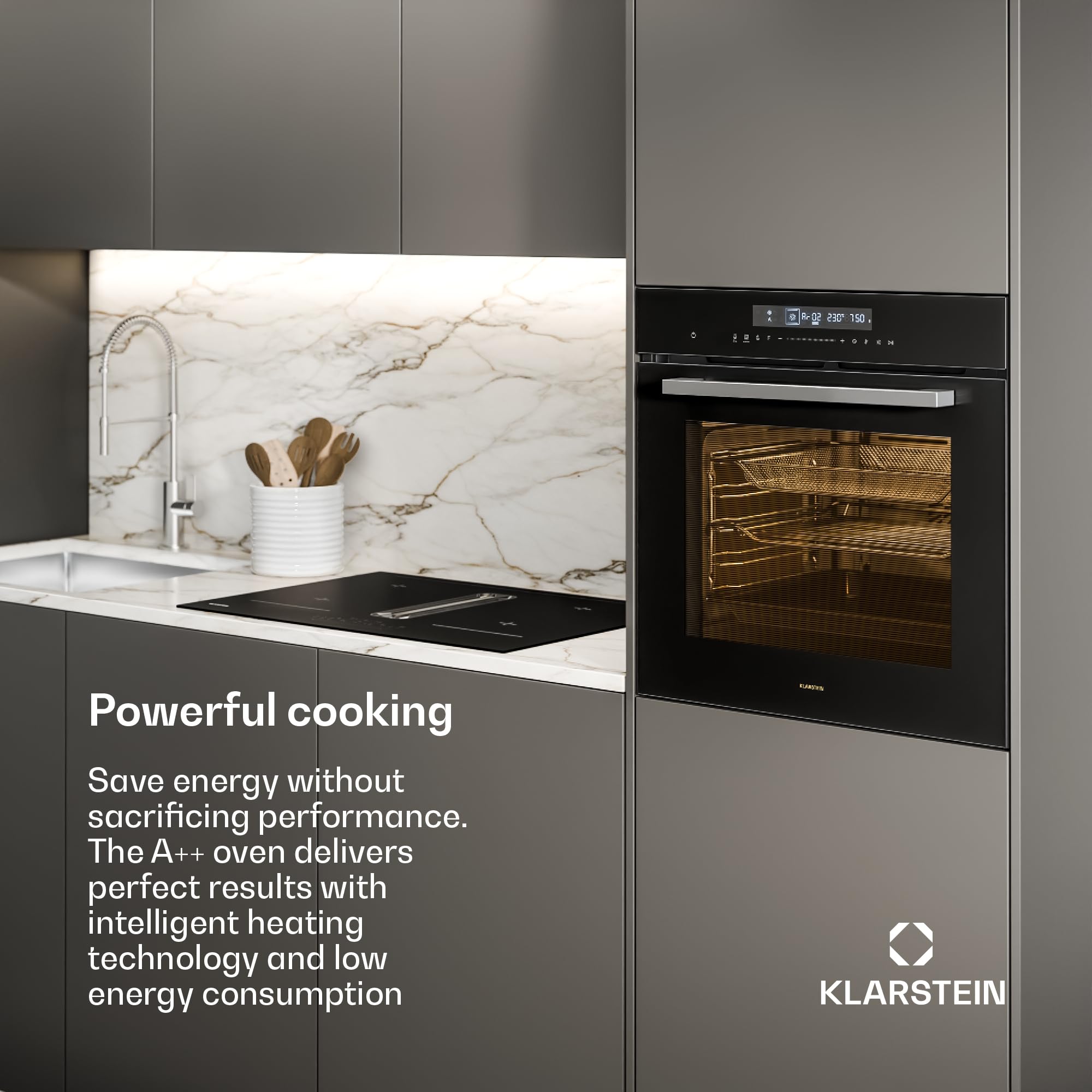 Klarstein Airjet piekarnik do zabudowy 60 cm - 72L, 13 trybów, funkcja Airfryer, sterowanie dotykowe, klasa energetyczna A++, emalia, timer, blokada rodzicielska, urządzenie do zabudowy, czarny