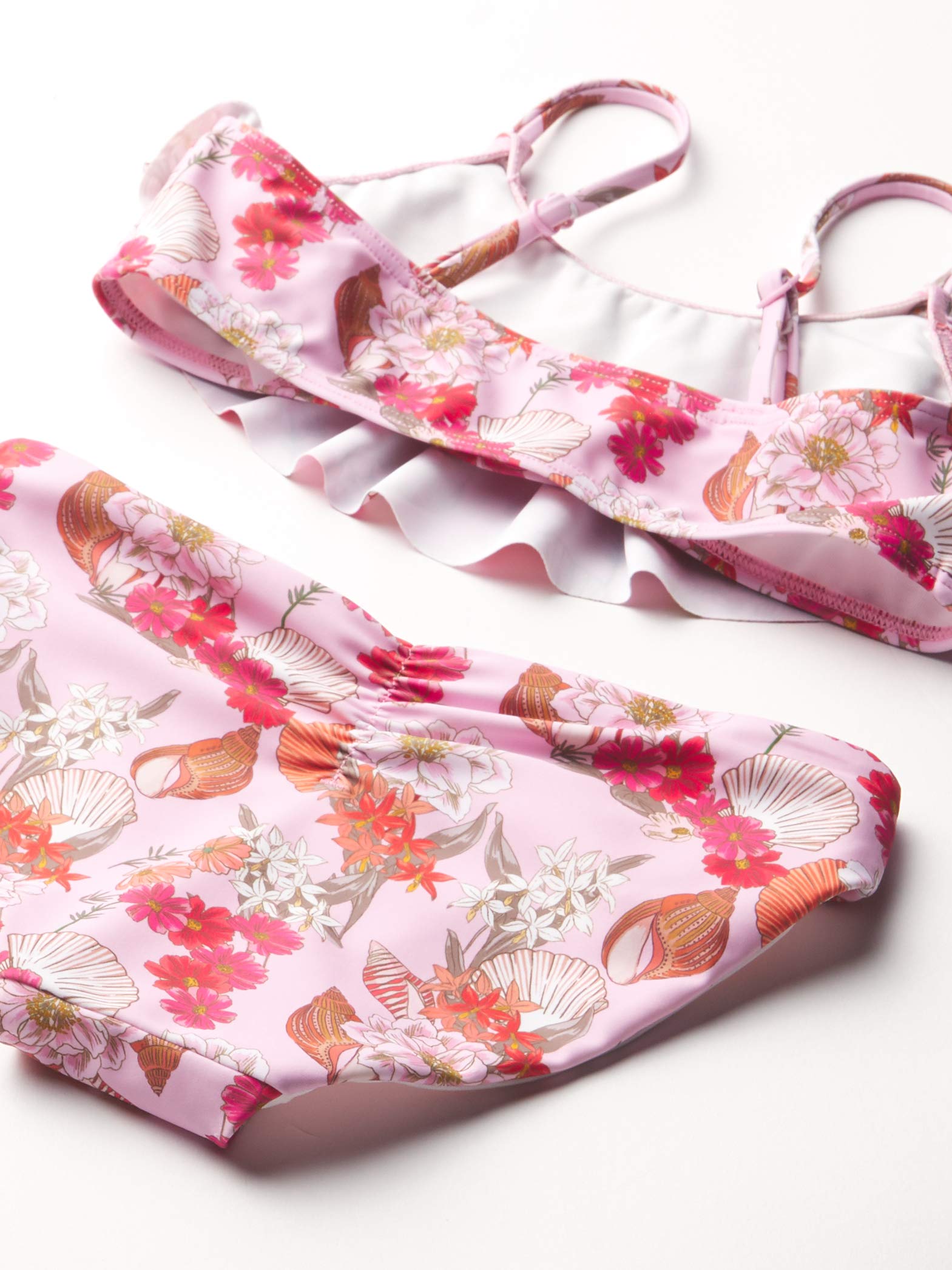 Seafolly Girls' Ruffle Tankini Swimsuit Set, Sea Shells Shell Pink, 3