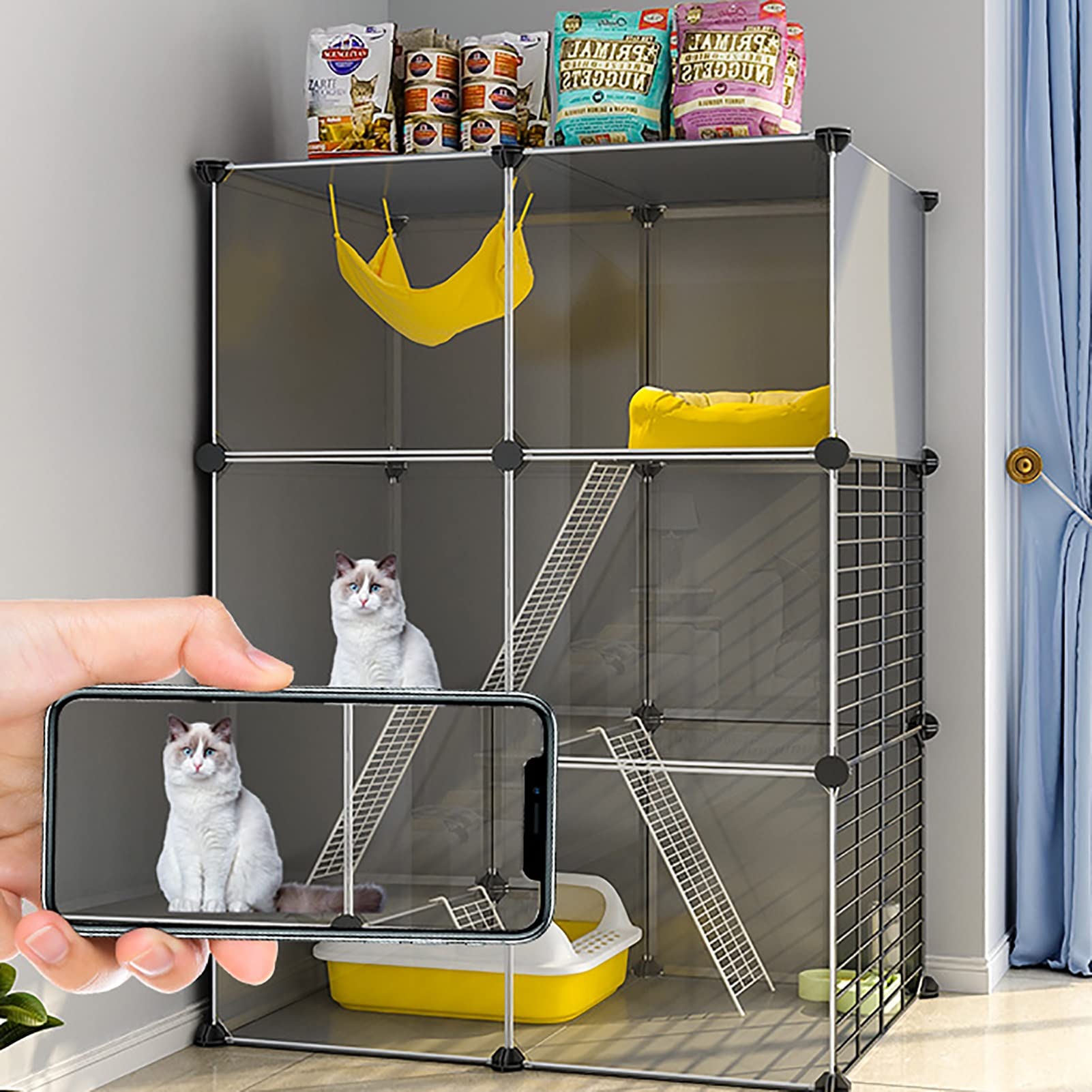 Jaula panorámica para Gatos, casa de Interior, Gran recinto de Ejercicio con escaleras, Valla Modular de plástico para hámster, Mascotas y Animales pequeños (Color: B, tamaño: 72 x 72 x 72 c
