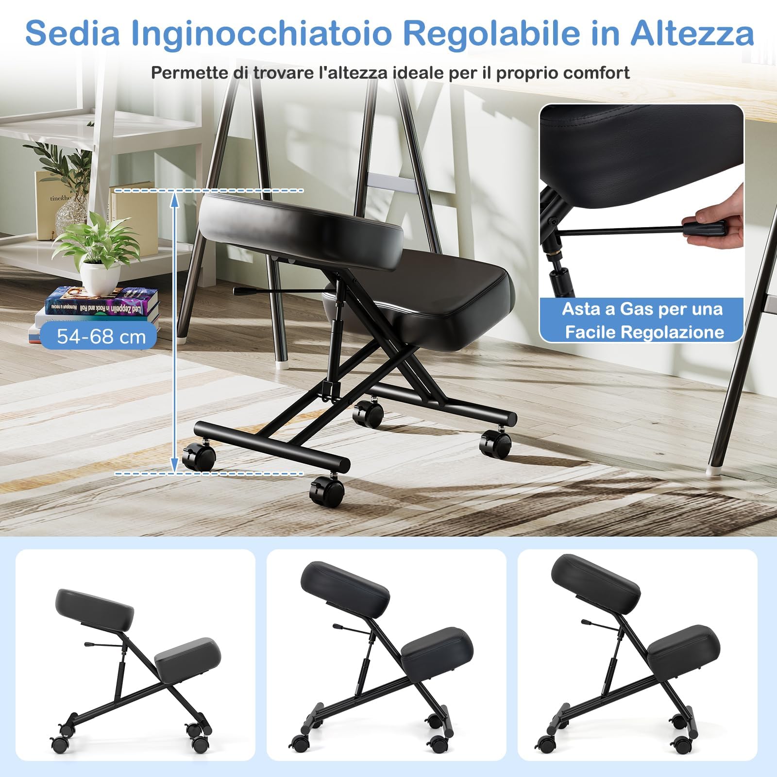 GIANTEX Silla de Rodillas Ergonómica para Corrección Postural, Taburete Acolchado con Altura Ajustable y 4 Ruedas Bloqueables, Silla de Escritorio para Oficina, Estudio